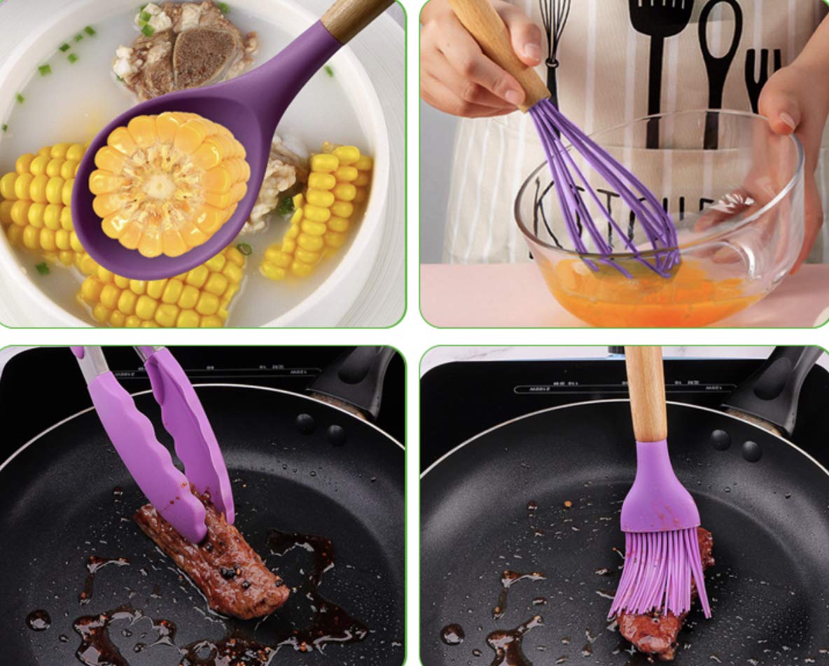 12-Piece Silicone Kitchen Utensil Set with Wooden Handles - Heat Resistant, BPA-Free Cooking Tools (Purple) - Perfect for Baking, Frying & Everyday Meal Prep
