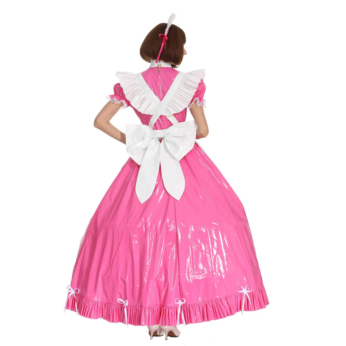 Sexy French Maid Costume for Women - Gothic Lace Bow & PVC Lockable Dress, Long or Short Sleeves | Halloween Cosplay, Bachelorette Party, Role Play Outfit