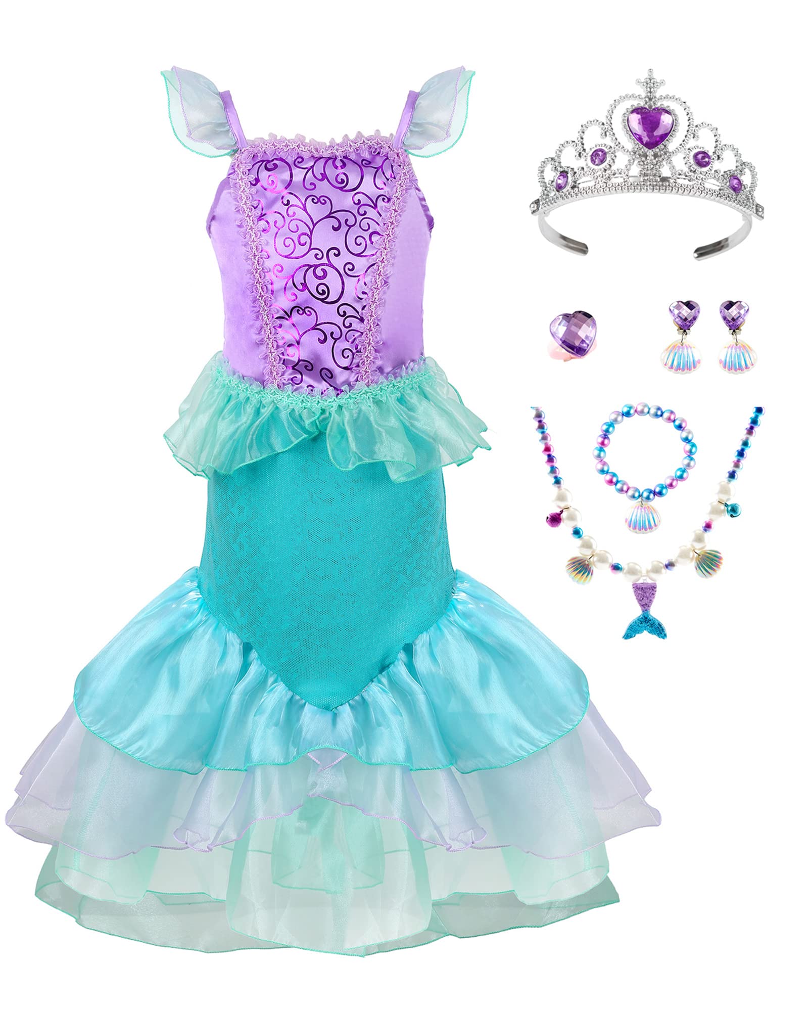 Mermaid Princess Costume for Girls with Crown & Jewelry - Dress Up & Party Wear