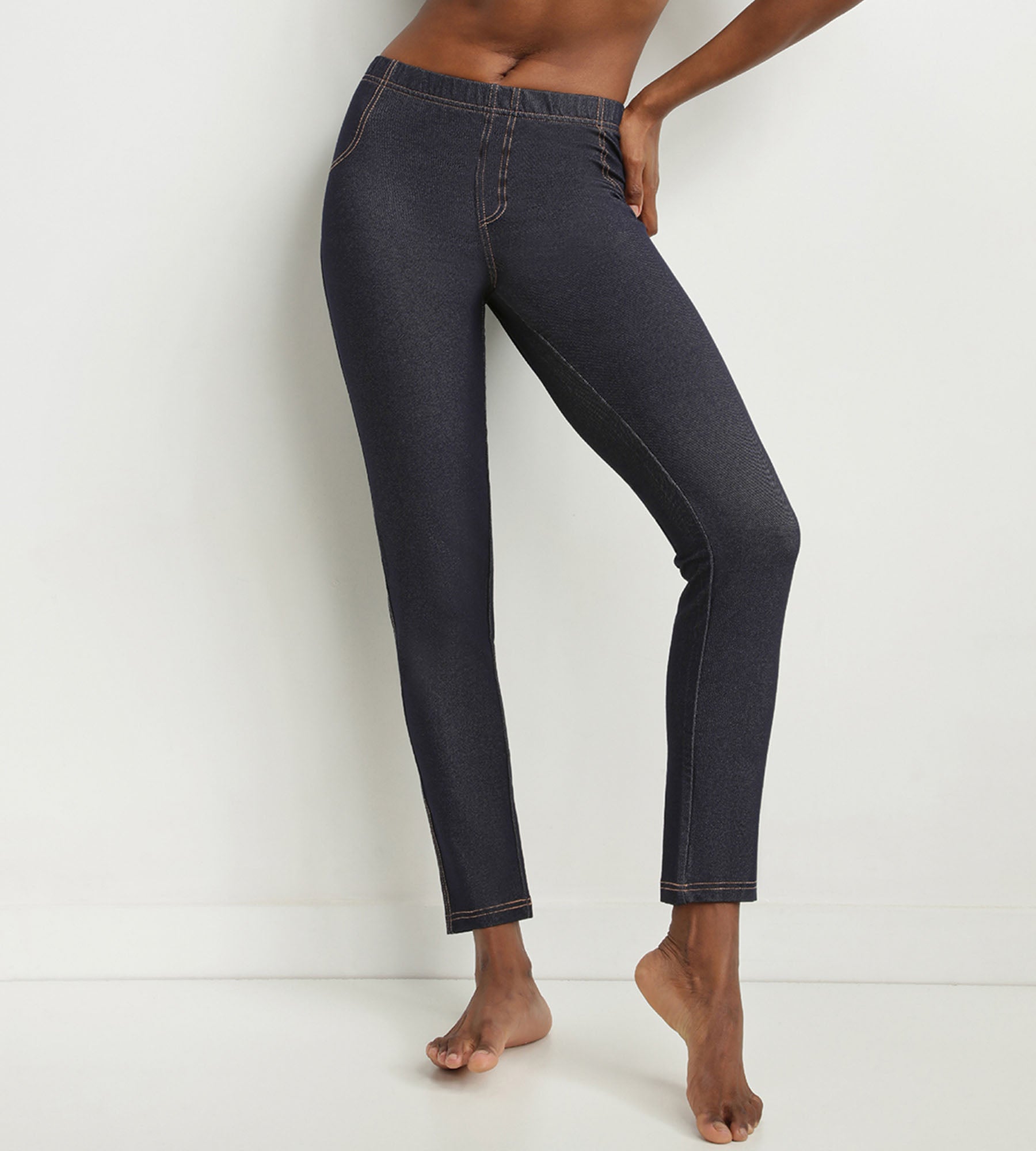 Women's High Waist Jean Effect Leggings - Navy Blue with Pockets - Stretchy & Comfortable for Yoga, Running, Workout & Everyday Wear
