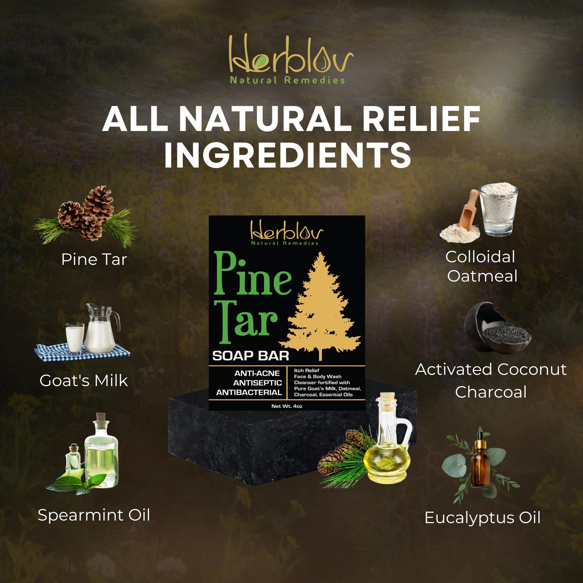 All Natural Pine Tar Soap Bar 4oz – Anti Acne, Eczema & Psoriasis Relief – Goat’s Milk Soap with Oatmeal & Charcoal – Face & Body Cleanser for Itchy Skin – Made in USA – Perfect for Sensitive Skin & Daily Skincare Routine