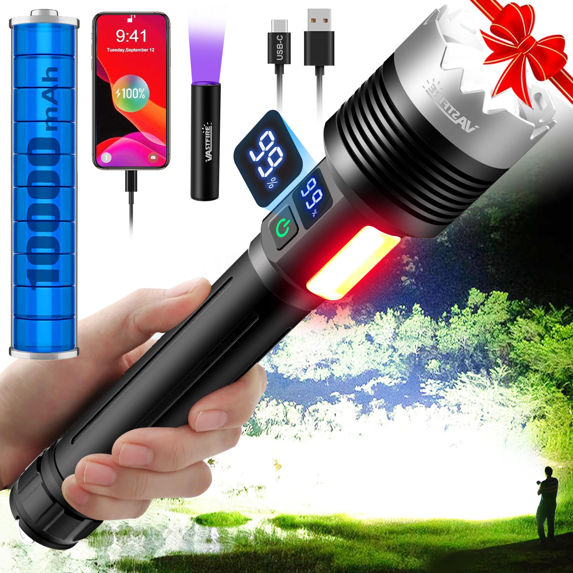 VASTFIRE Super Bright 1,000,000 Lumens LED Flashlight with 10,000mAh Battery - Adjustable Beam, Power Display & Side COB Light - Includes Mini UV Light - Perfect for Camping, Hiking, Emergency & Outdoor Adventures
