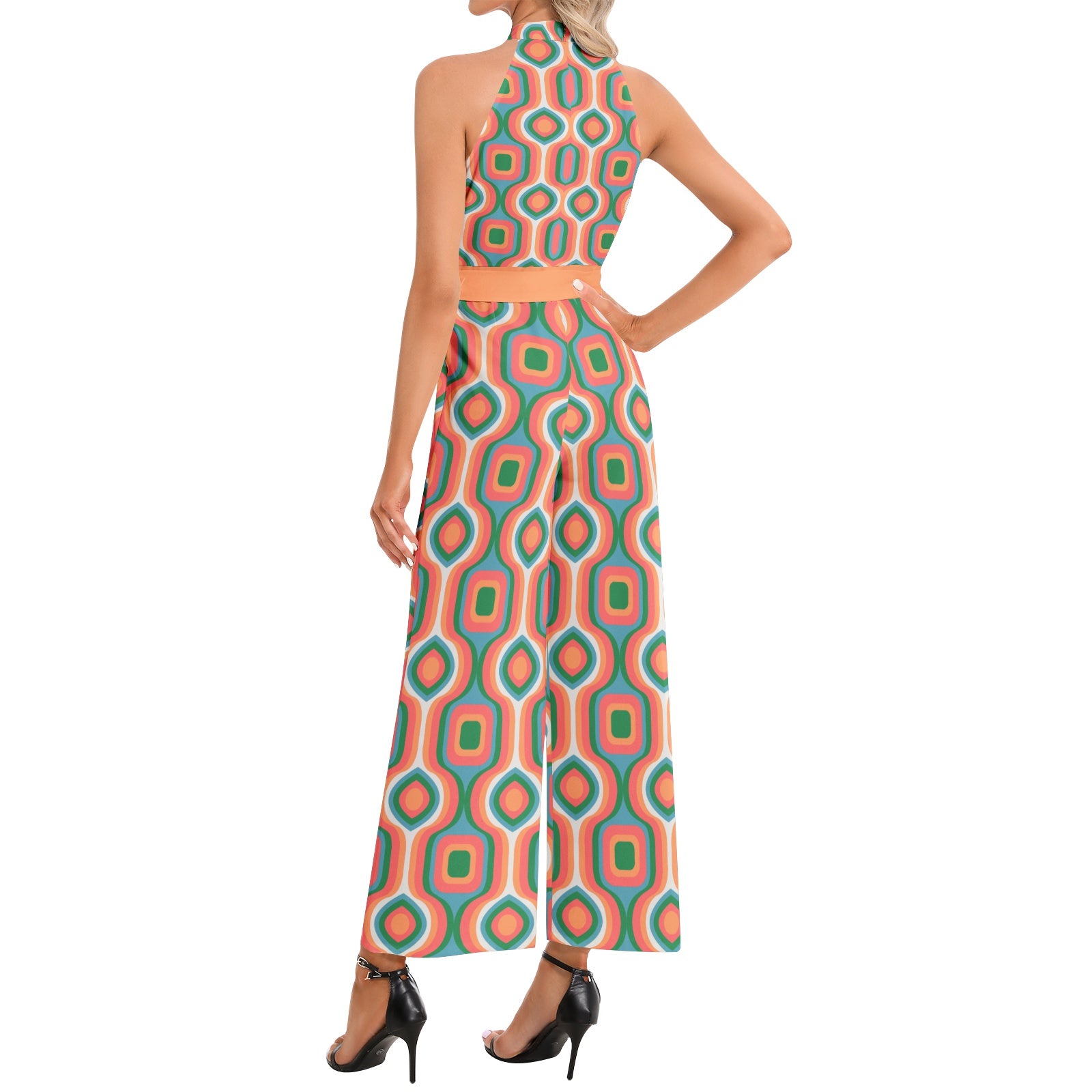 Vintage Retro Halter Neck Jumpsuit with Buckle Belt - 70s Inspired Fashion for Women | Perfect for Parties, Festivals & Casual Wear