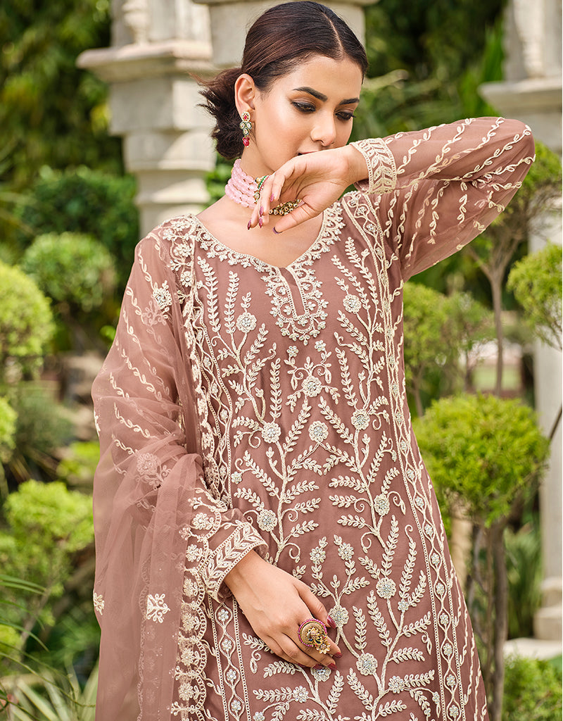 Elegant Fawn Butterfly Net Designer Party Wear Salwar Suit - Satin Embroidered Indian Ethnic Outfit for Weddings, Festivals & Special Occasions