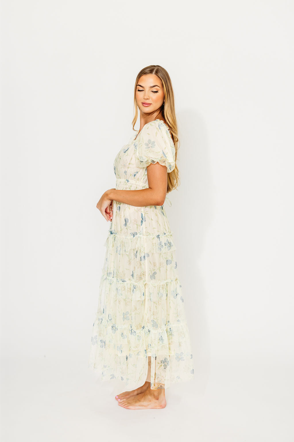 Martha Puff Sleeve Midi Dress in Ivory - Elegant Floral Print Women's Summer Dress for Wedding, Party & Vacation | Breathable Cotton Blend A-Line Dress