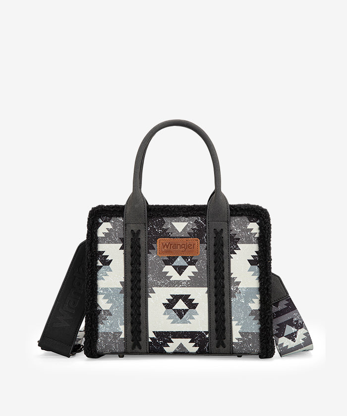 Wrangler Aztec Sherpa Trim Crossbody Purse Set for Women - Stylish Boho Shoulder Bag with Fringe Detail - Perfect for Casual Outings, Music Festivals & Travel Accessories