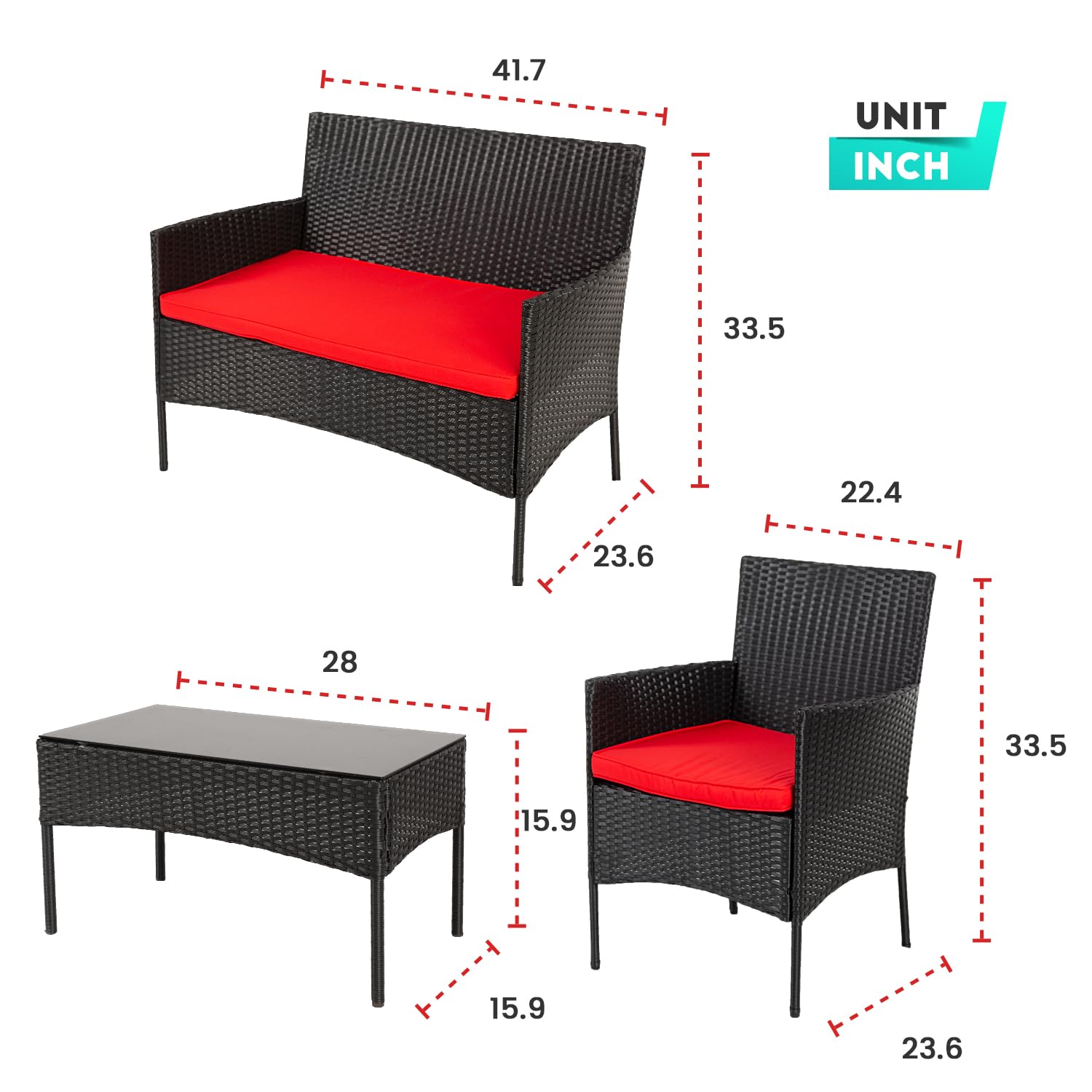 **PayLessHere 4-Piece Outdoor Patio Furniture Set - Water-Resistant Rattan Chairs & Tempered Glass Table with Cushions - Perfect for Patio, Balcony, Poolside & Garden (Red)**