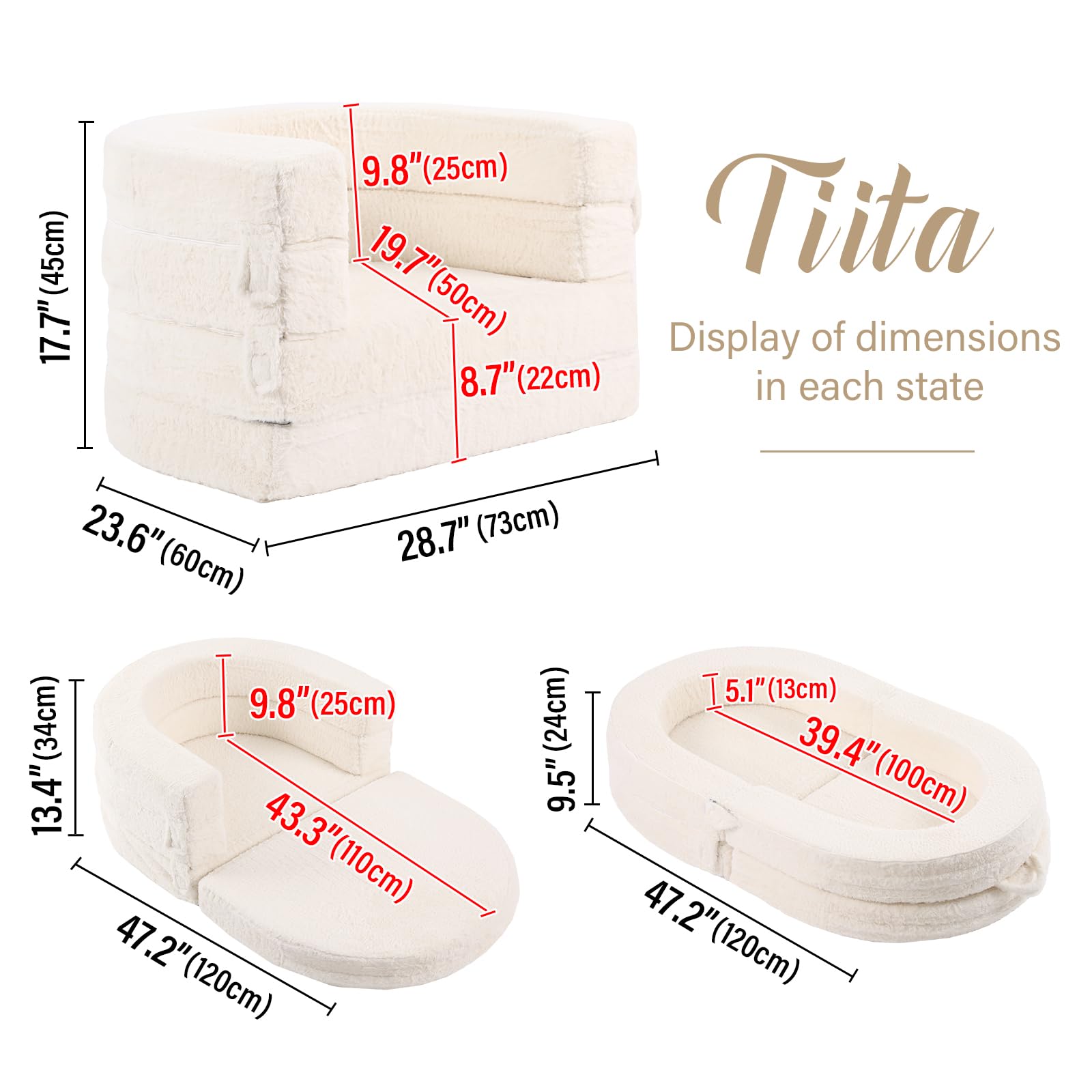 Tiita 3-in-1 Convertible Kids Sofa Bed - Plush Toddler Chair & Travel Bed with Washable Cover & Carrying Handle - Perfect for Nursery, Playroom & Travel - Gift for Boys & Girls (Ages 2-6)