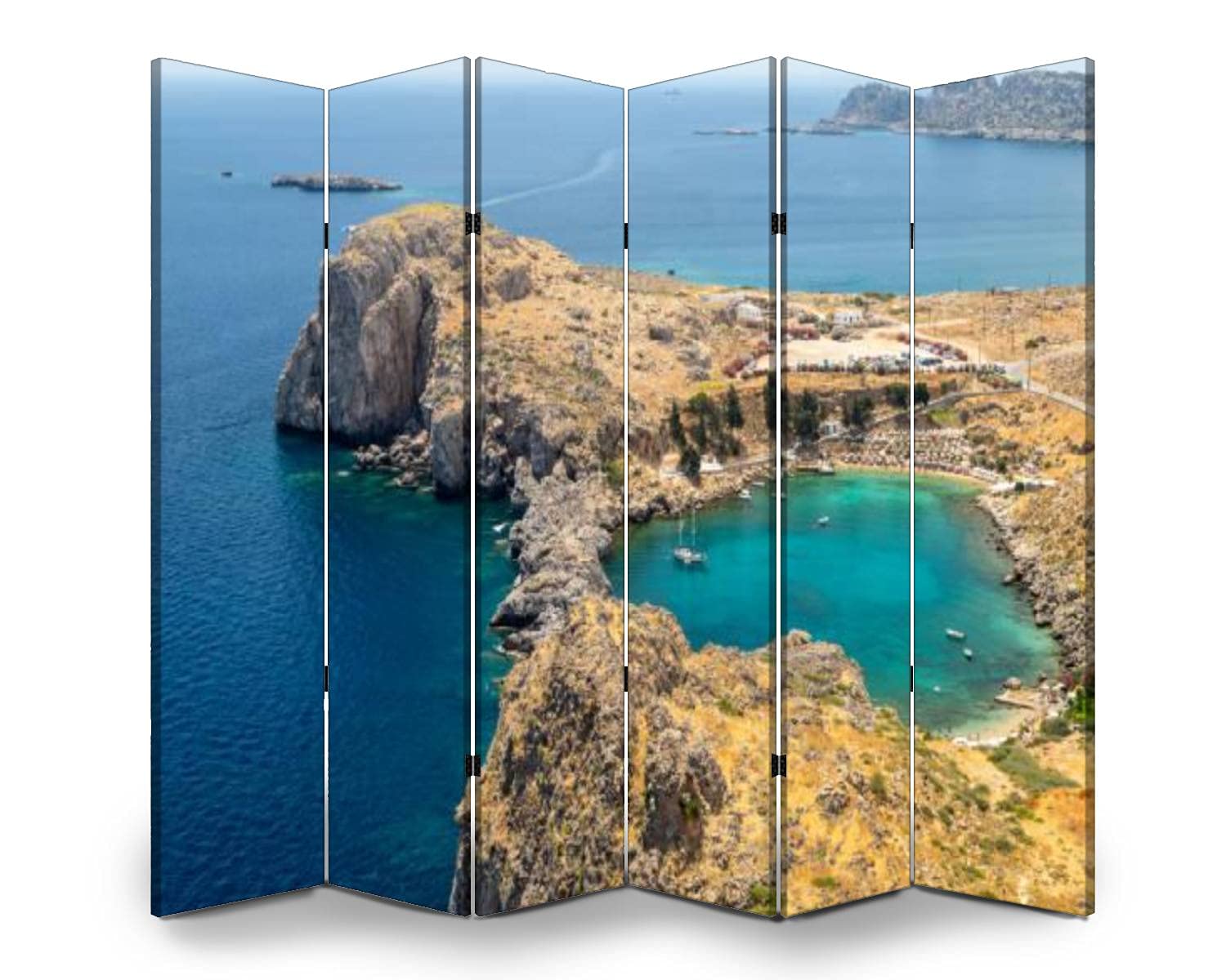 6 Panel Folding Canvas Room Divider - Acropolis of Lindos Scenic View Privacy Screen | Freestanding Indoor Partition for Home Office, Bedroom & Living Room Protection