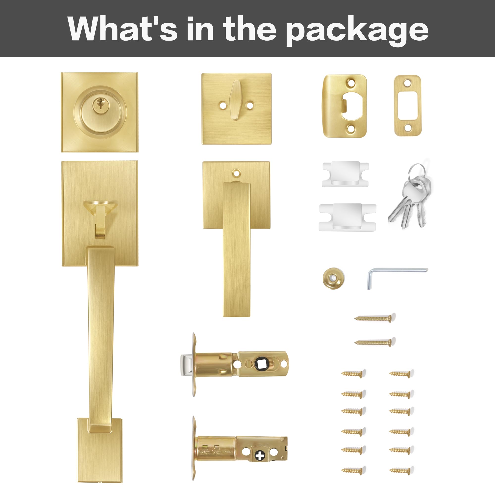 Satin Brass Square Front Door Handle Set with Single Cylinder Deadbolt & Low Half Lever - Secure Entry Door Lock for Home, Office & Apartment - Durable & Stylish Hardware for Exterior Doors