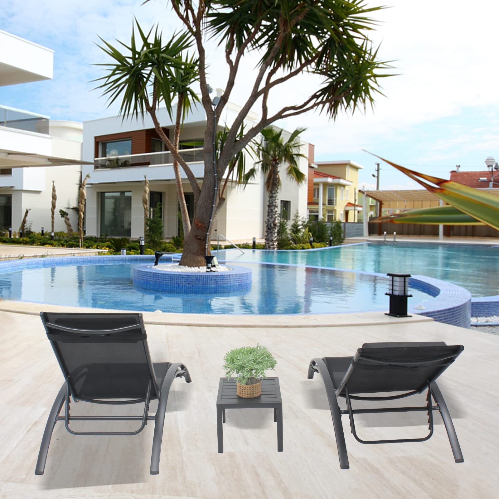 3-Piece Patio Chaise Lounge Chair Set - Aluminum Outdoor Reclining Sun Lounger with Adjustable Headrest & Side Table - Perfect for Poolside, Beach, Garden, Lawn & Backyard Relaxation (Black)