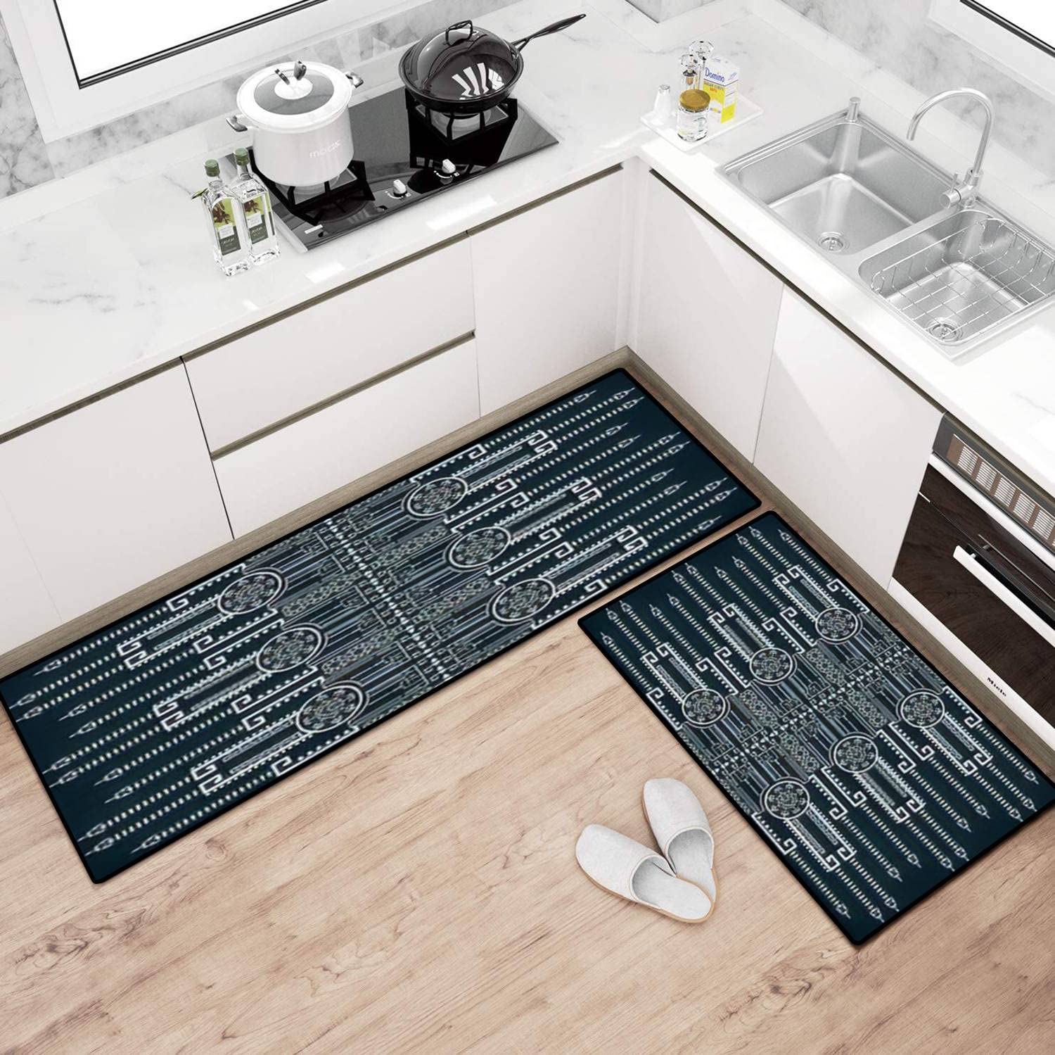 Non-Slip Washable Kitchen Rugs Set - Geometric White Abstract Ethnic Design Floor Mats, Runner & Bath Rug - Comfort Standing Mats for Kitchen, Entryway & Bathroom Decor