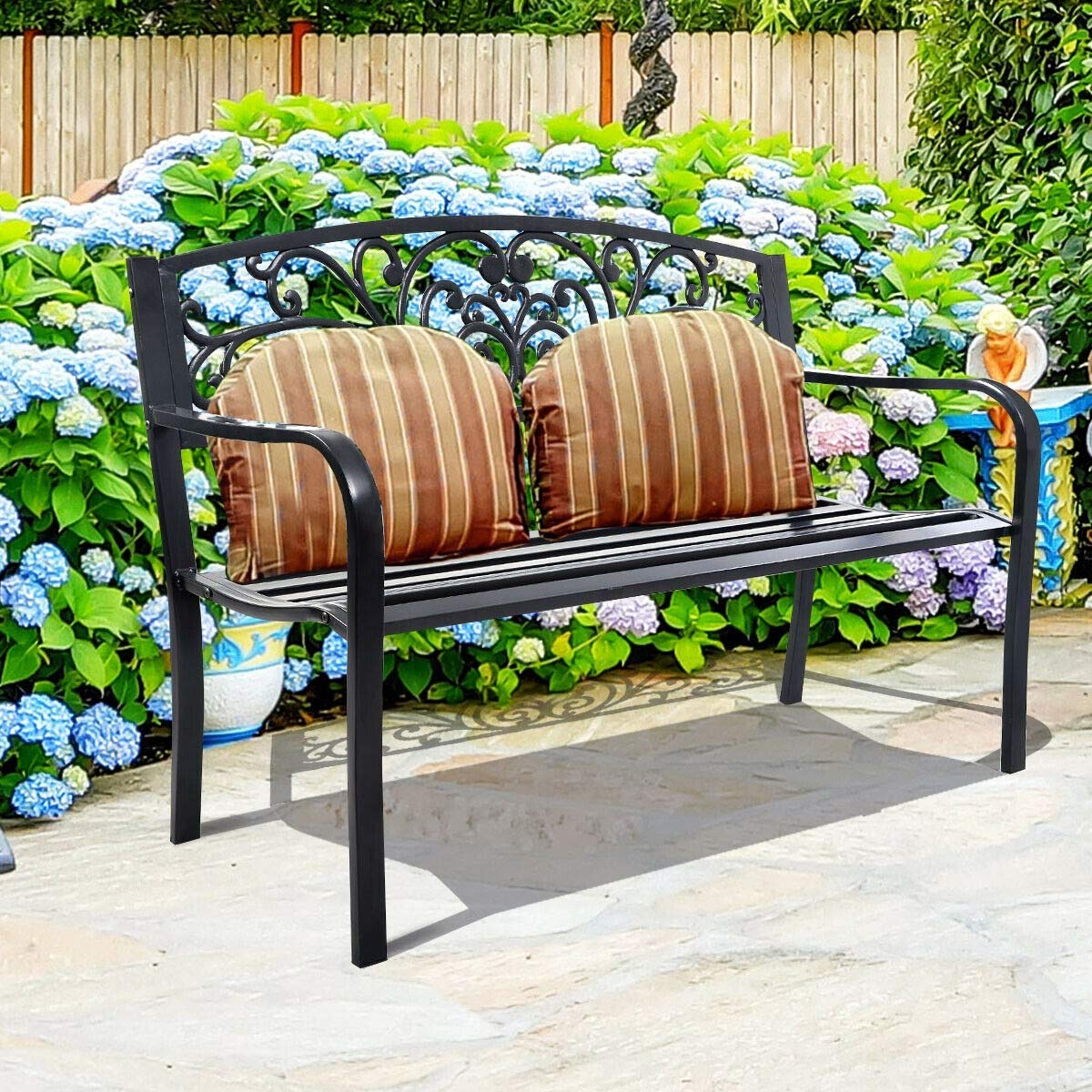 50 Inch Heavy Duty Cast Iron Garden Bench with Backrest - Durable Outdoor Patio, Deck & Lawn Furniture for Relaxing in Your Backyard or Garden