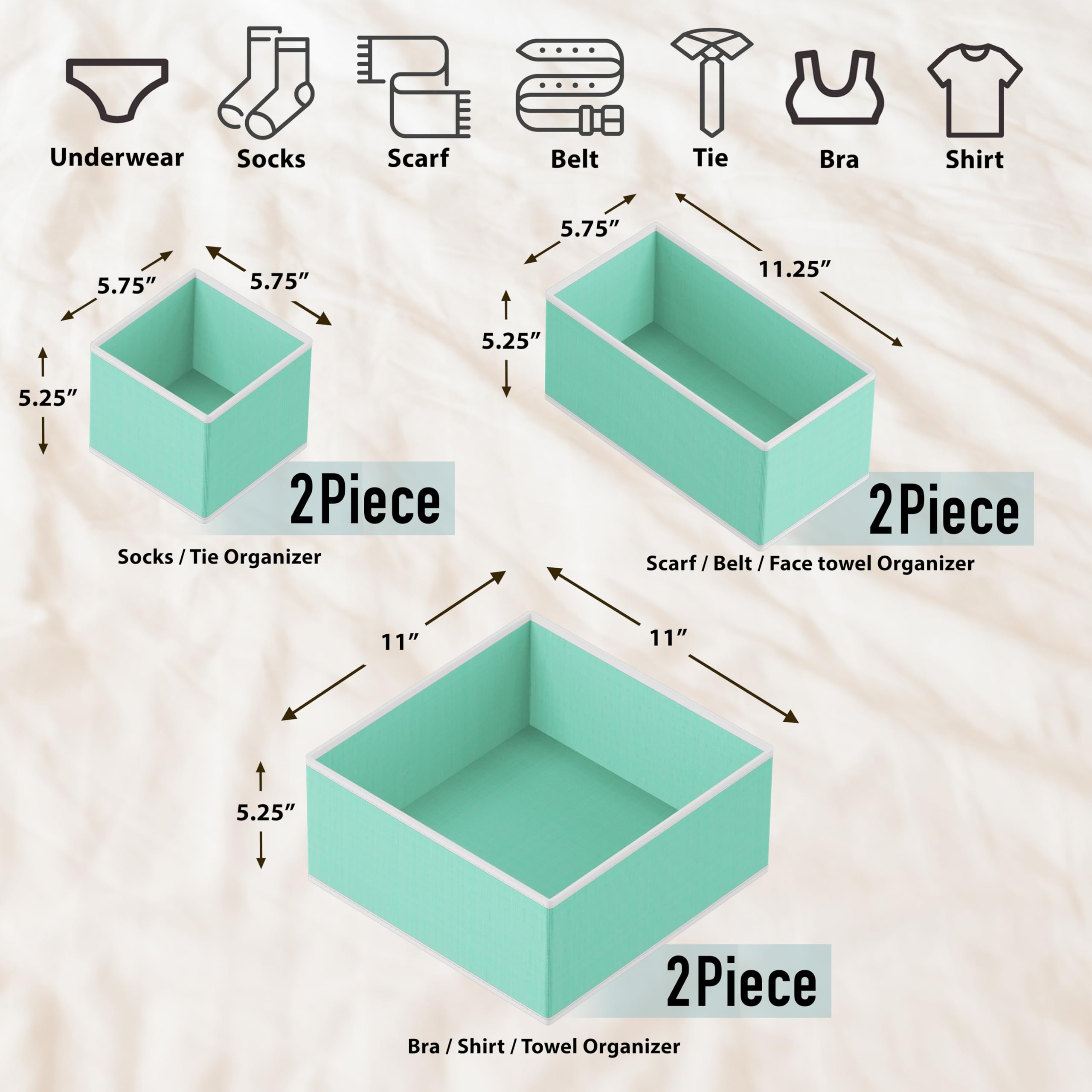 Foldable Fabric Storage Box Set of 6 - Closet Organizer Bins for Underwear, Bras & Accessories - Drawer & Shelf Dividers - Turquoise Home Organization Solution for Bedroom, Bathroom & Dorm