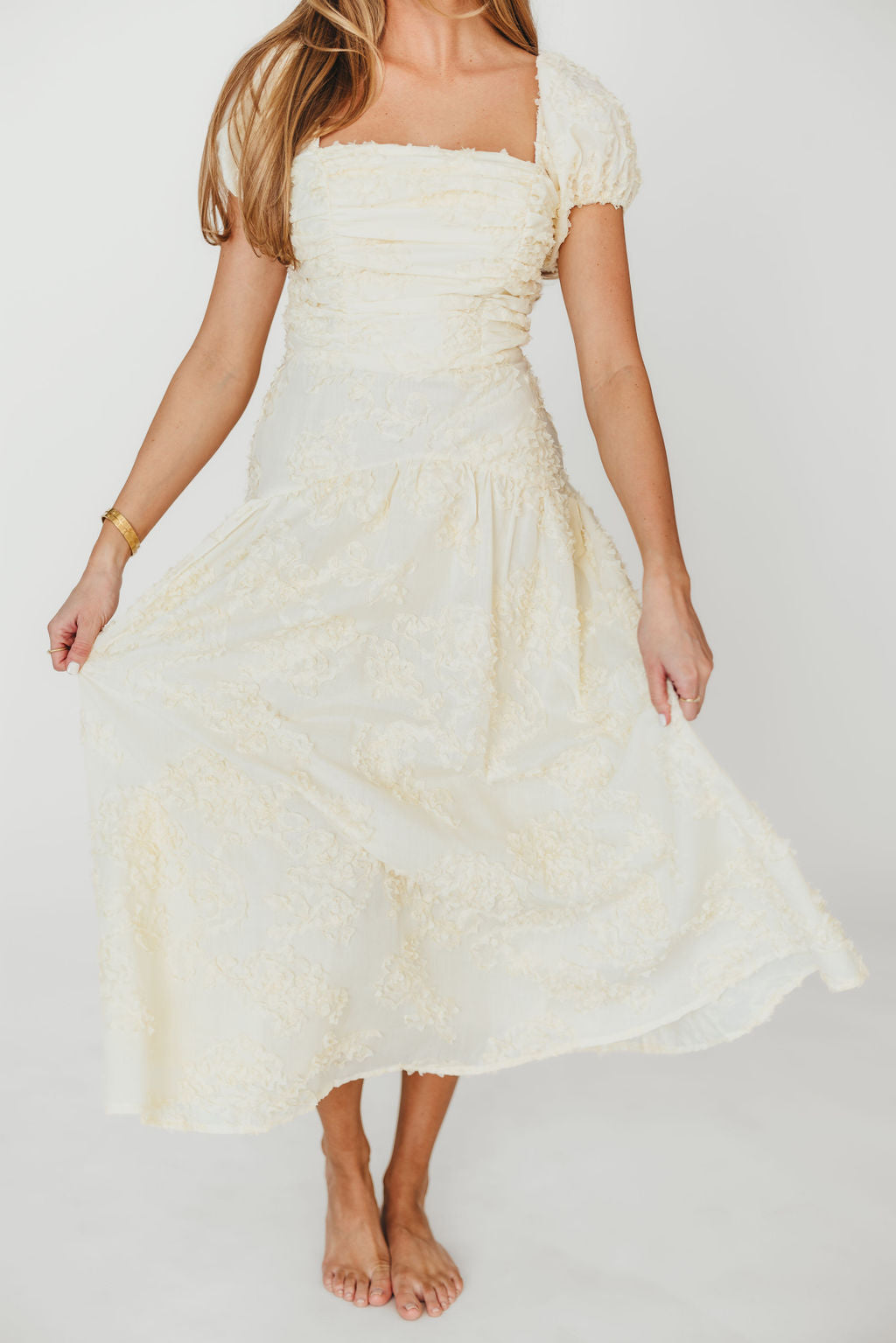 Gracie Embellished Midi Dress in Butter Yellow - Elegant Floral Lace Cocktail Dress for Weddings, Parties & Special Occasions