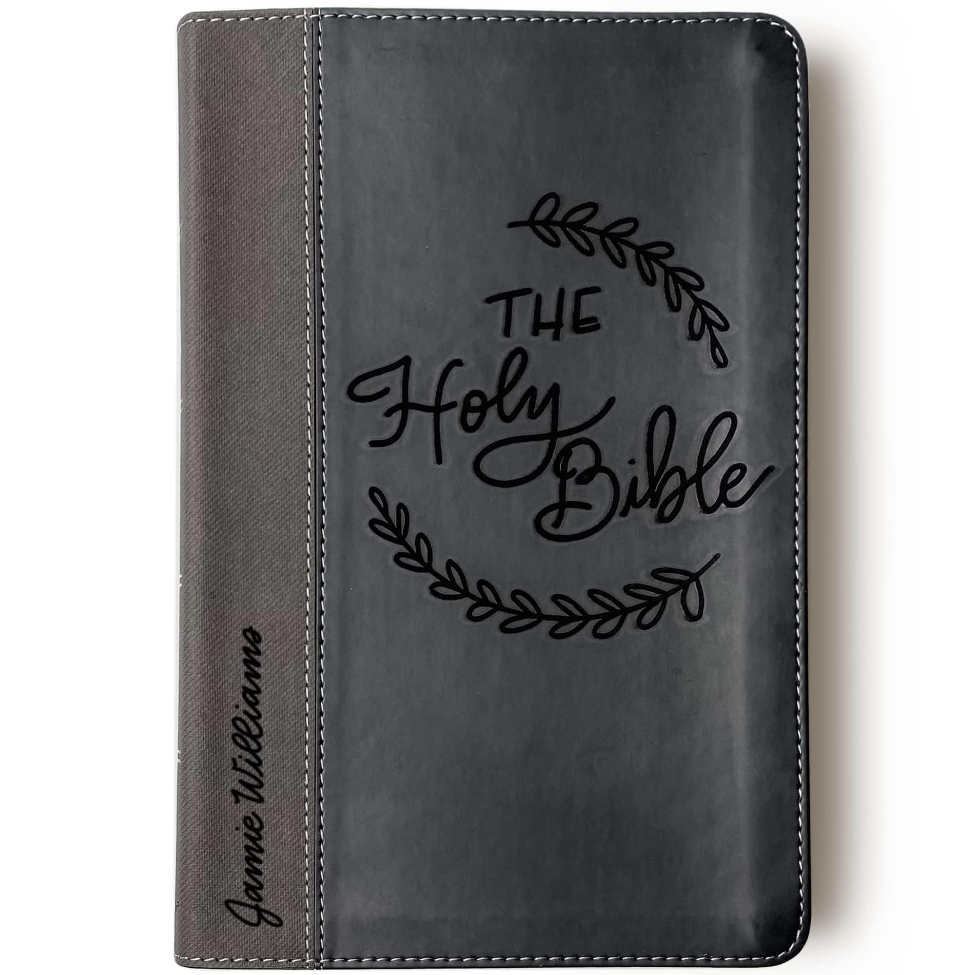 Personalized NIV Black/Gray Leathersoft Bible with Hand Lettering & Laser Engraving - Custom Name Engraving Available - Perfect Gift for Weddings, Baptisms, Graduations & Birthdays - Ideal for Daily Devotion, Bible Study & Spiritual Growth