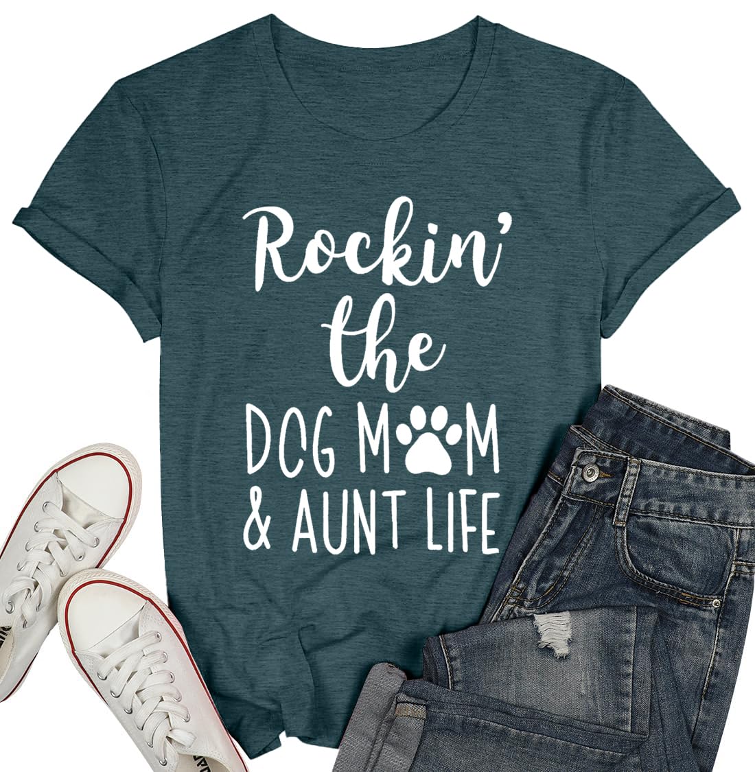 Funny Dog Mom T-Shirt for Women - Cute Dog Paw Graphic Tee - Rockin' The Dog Mom Aunt Life - Perfect Gift for Dog Lovers - Short Sleeve Top - Great for Casual Wear, Dog Parks & Pet Lover Events