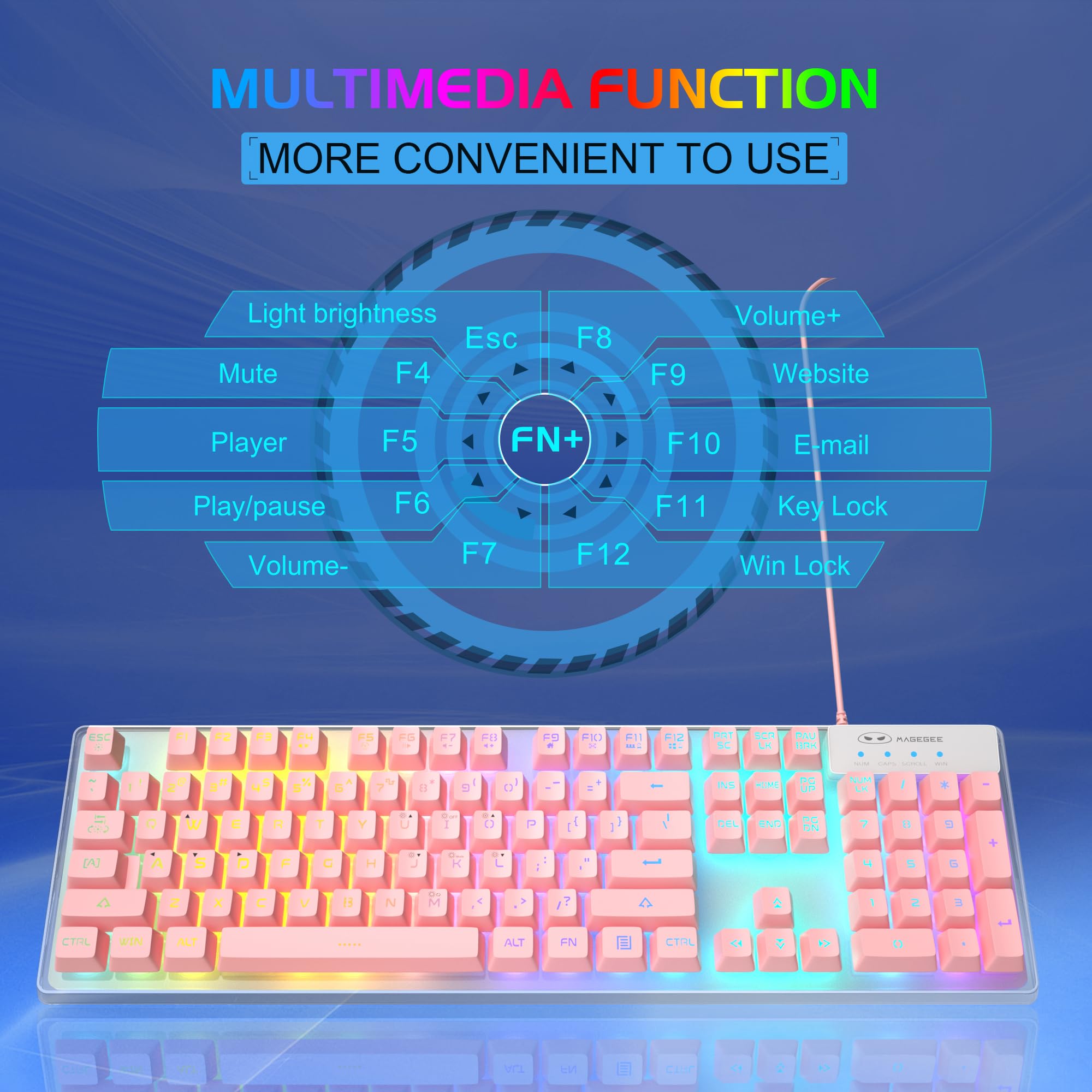 MageGee K1 RGB LED Backlit Gaming Keyboard and Mouse Combo with Transparent Cover - 104 Keys Mechanical Feel Keyboard for PC, Laptop, PS4, Xbox - Perfect for Gaming, Office Work & Streaming (Pink)