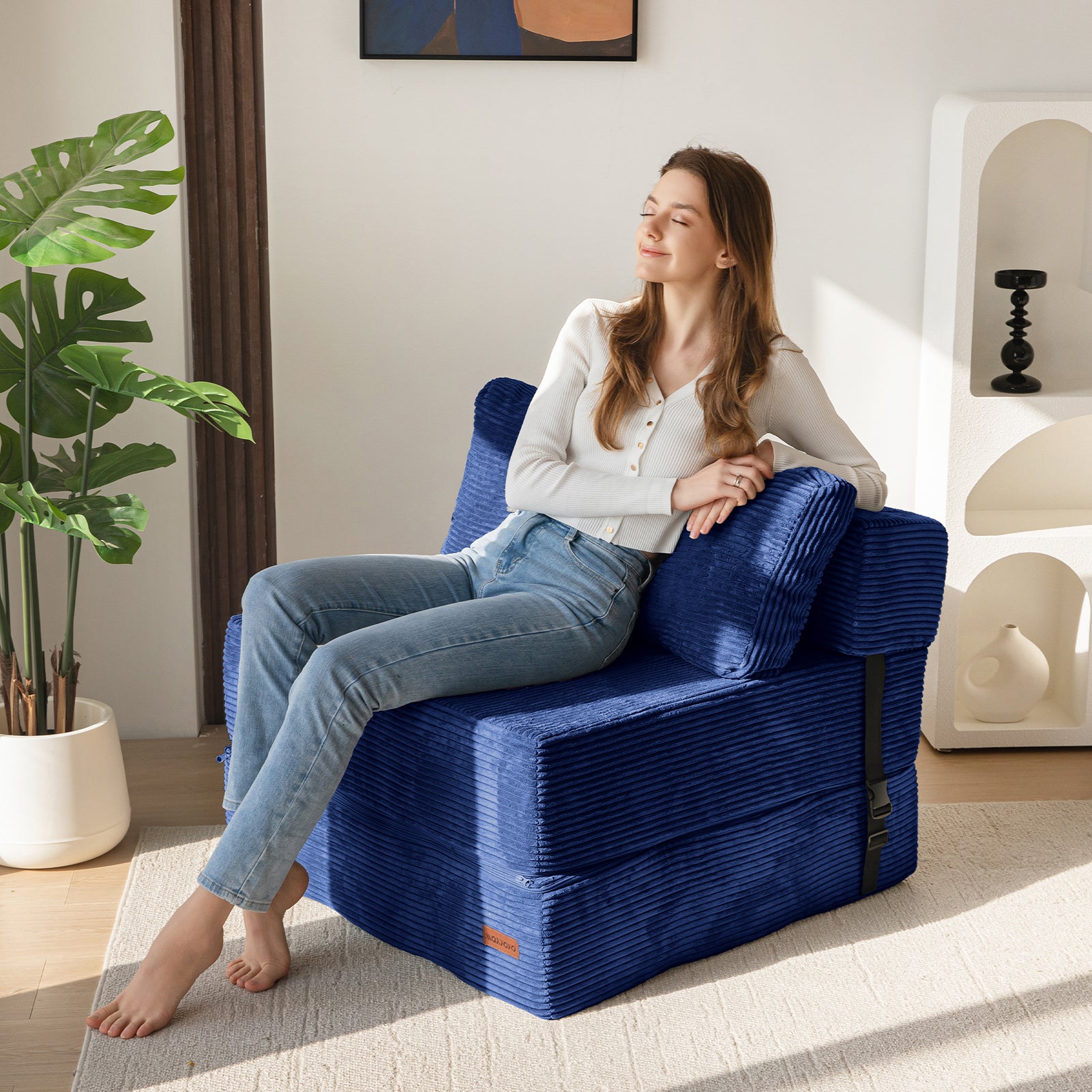 MAXYOYO Folding Sofa Bed - Convertible Sleeper Sofa with High Density Support Foam for Living Room & Bedroom - Navy Blue - Perfect for Small Spaces, Guest Rooms & Apartments