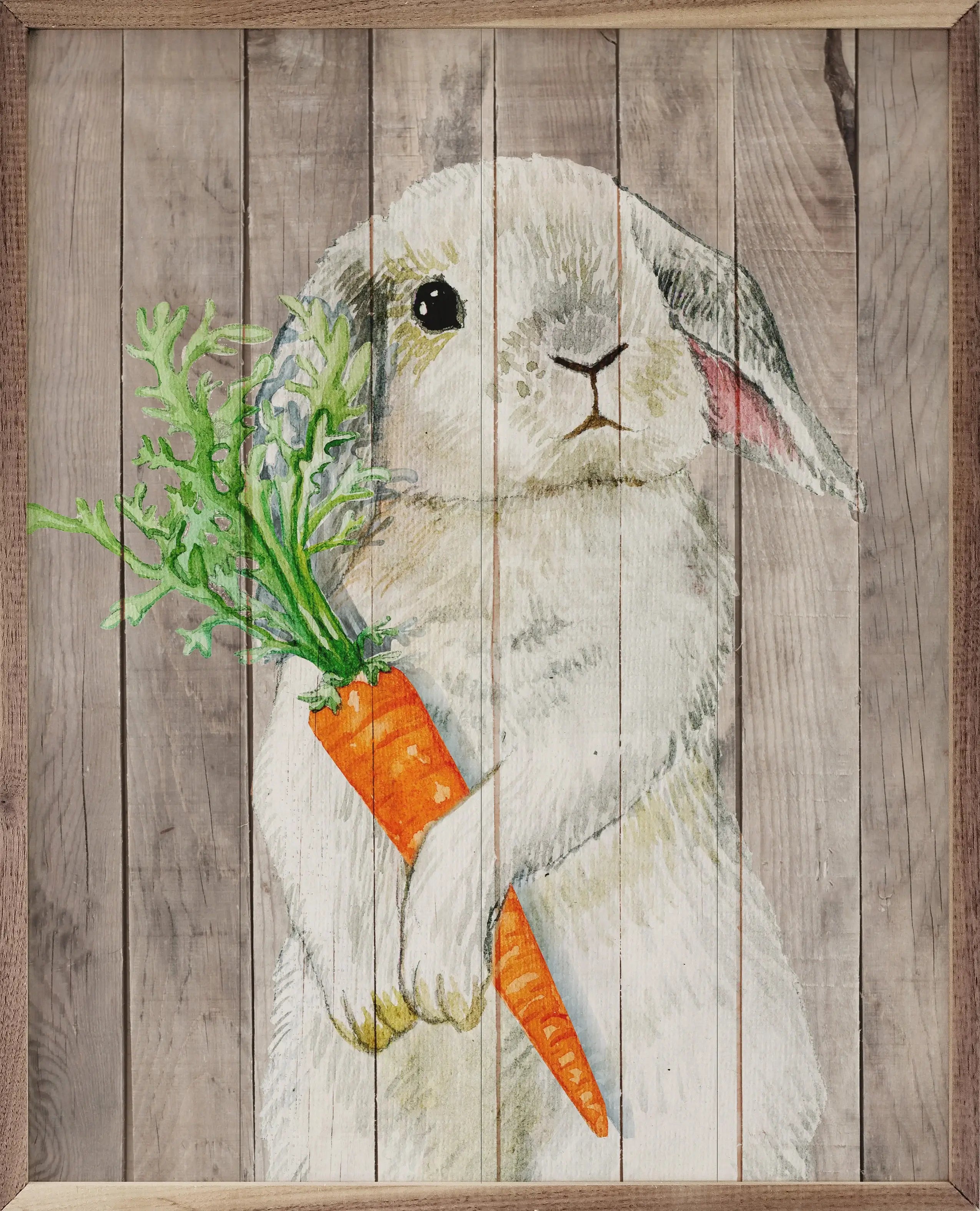 Cute Bunny with Carrot Wood Framed Wall Art Print - Perfect for Nursery, Kids Room Decor & Easter Home Decoration