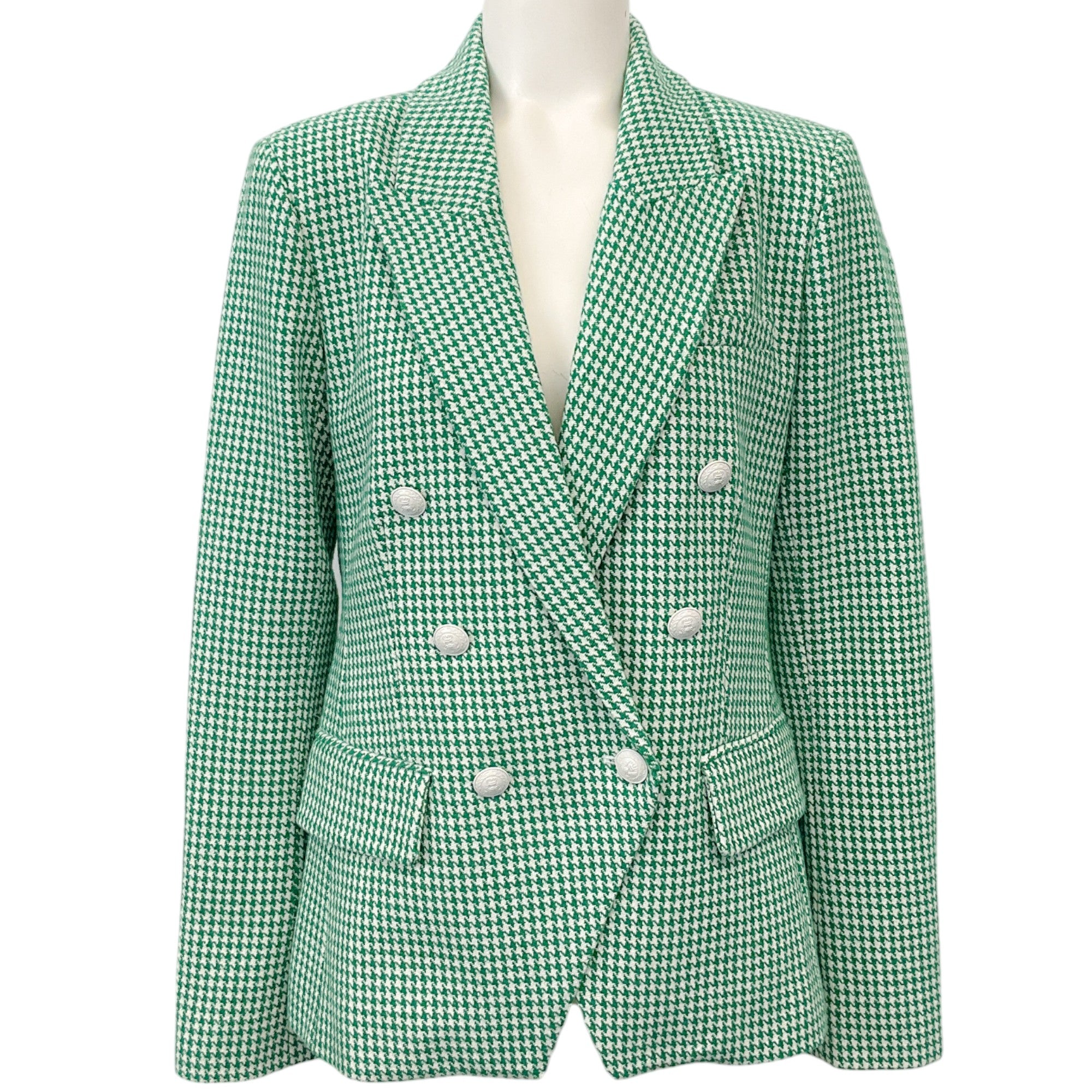 L'Agence Green & White Houndstooth Kenzie Blazer for Women | Trendy Checkered Pattern Jacket | Perfect for Office Wear, Business Meetings & Formal Events