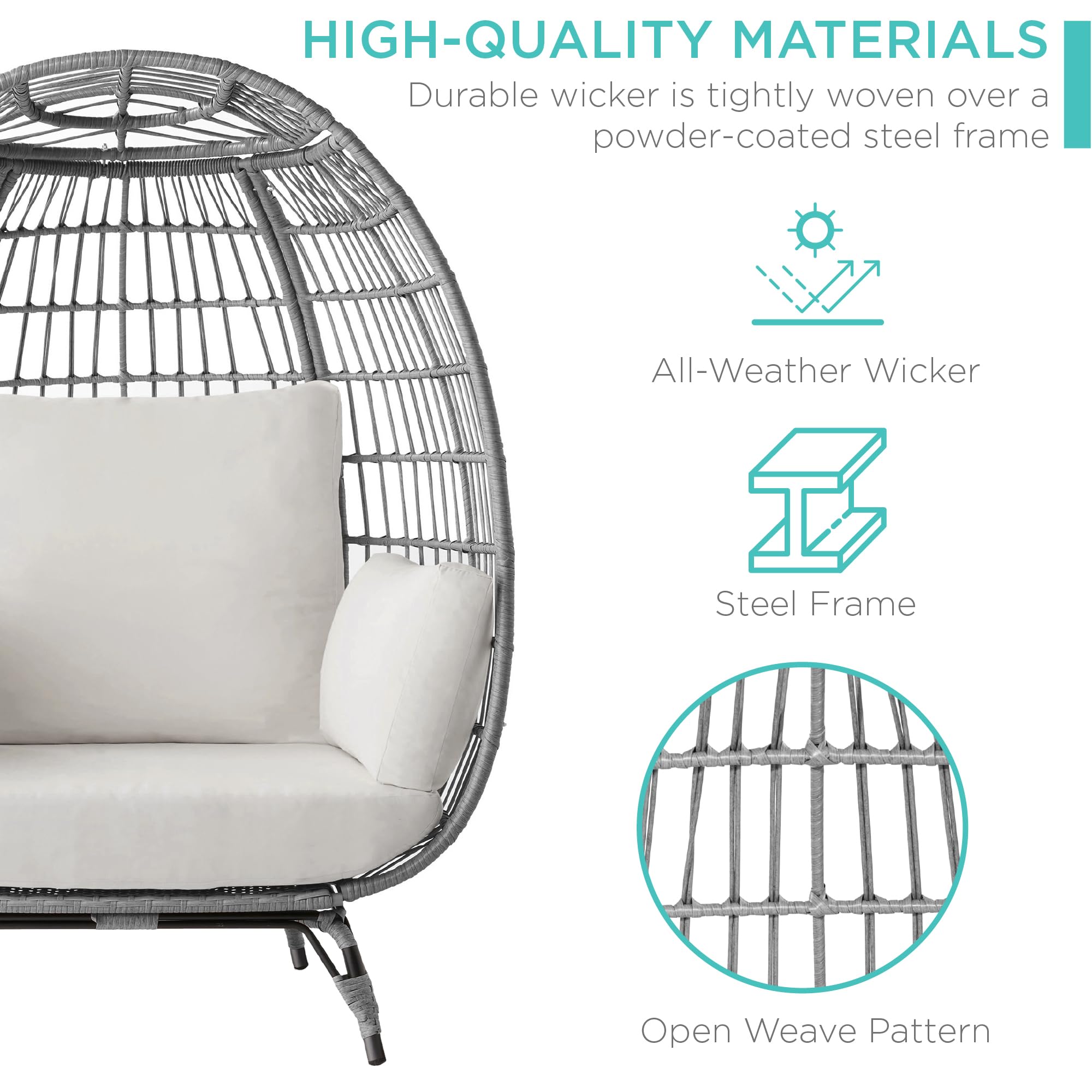 Best Choice Products Oversized Wicker Egg Chair - Indoor/Outdoor Hanging Lounge Chair with 4 Cushions & Steel Frame (440lb Capacity) - Gray/White Sand - Perfect for Patio, Backyard, Living Room, Garden Relaxation
