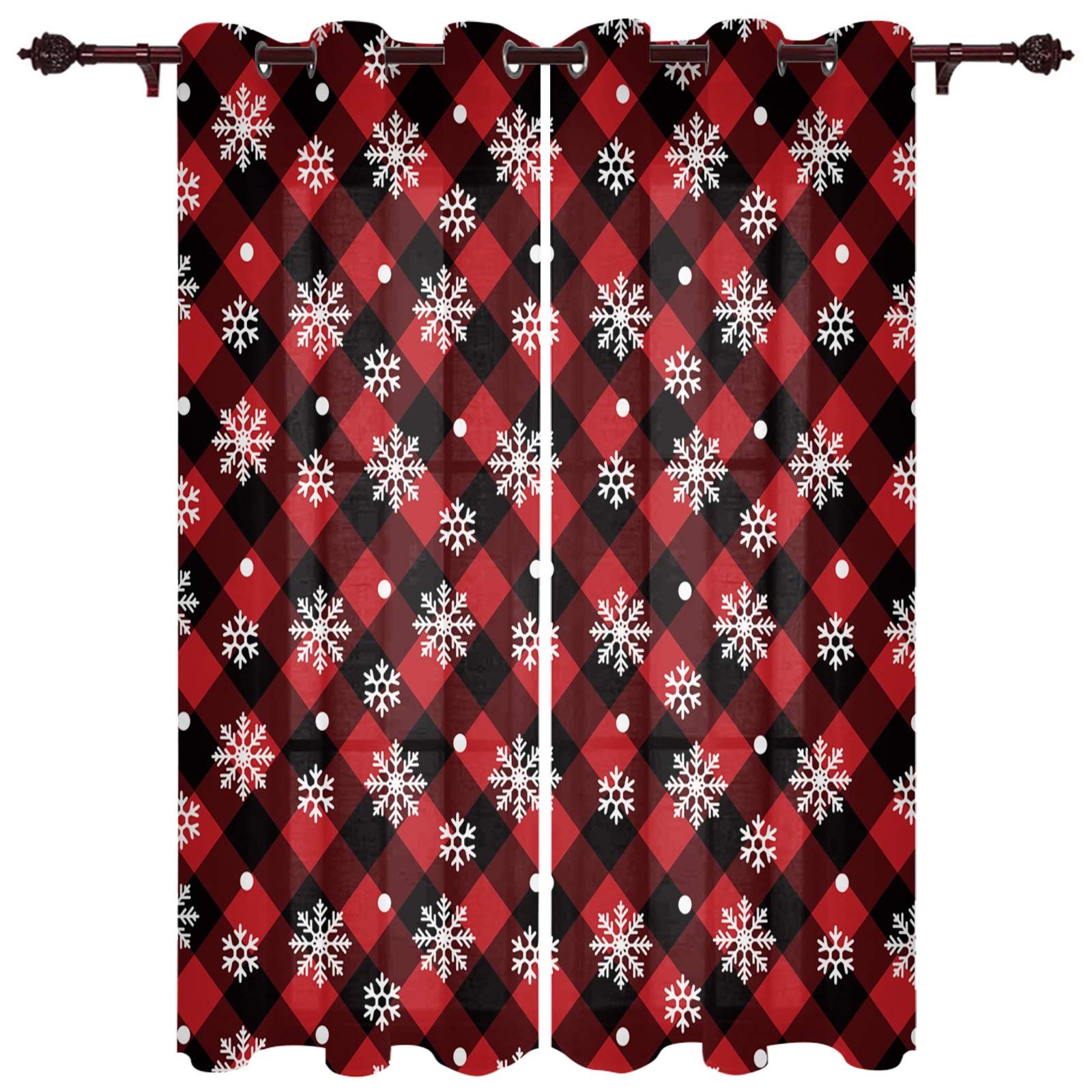 Christmas Snowflake Buffalo Plaid Sheer Curtains - Red & Black Window Treatment, 2 Panels Grommet Kitchen Tier Curtains 72 Inch Length for Living Room, Bedroom, Patio & Sliding Glass Door - Perfect for Holiday Decor & Winter Home Styling