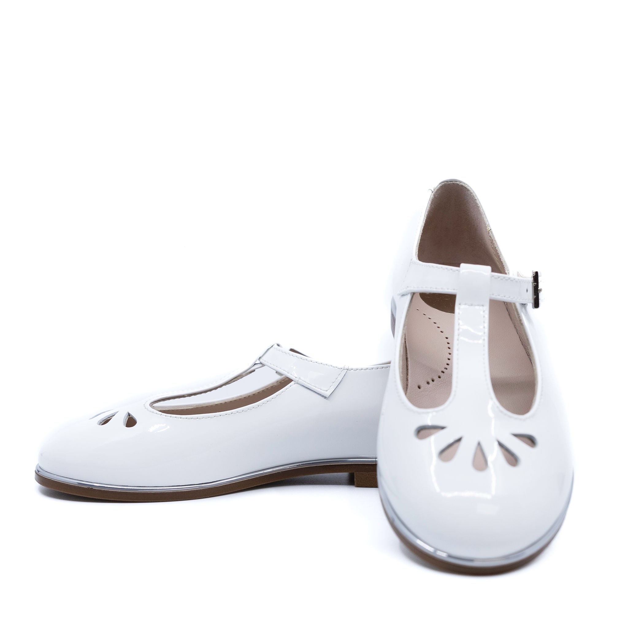 Beberlis Women's White Patent Leather Perforated T-Strap Mary Jane Pumps - Comfortable Dress Shoes for Work, Party & Wedding