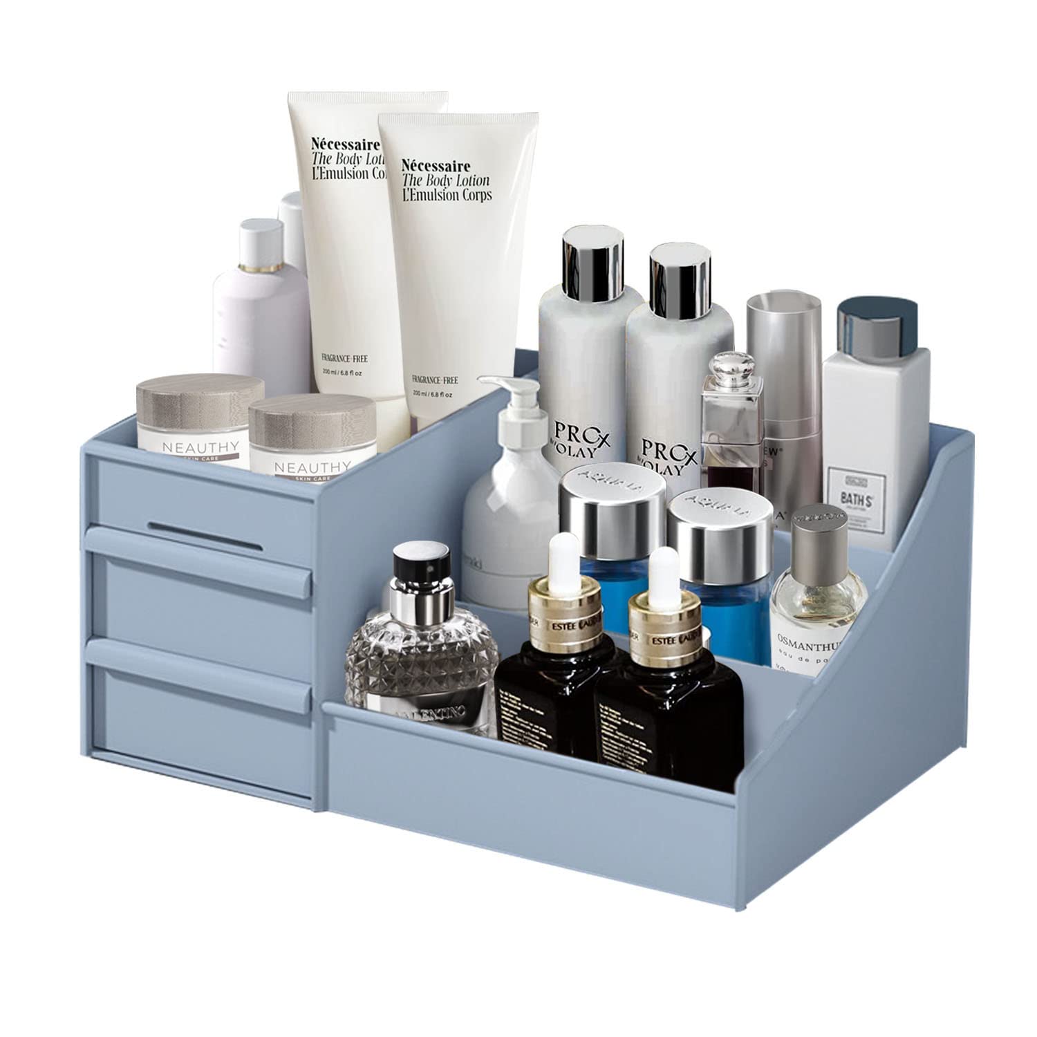 Vanity Makeup Organizer with Drawers - Cosmetic Storage for Lipstick, Brushes & Jewelry (Blue) - Perfect for Bathroom Countertops & Dressing Tables