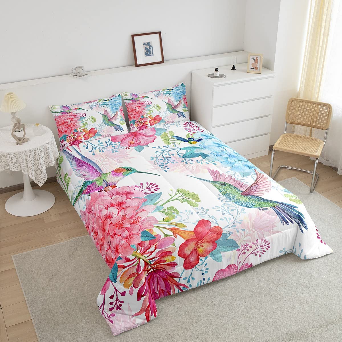 Feelyou Hummingbird Comforter Set - Tropical Birds & Blossoming Iris Flowers Duvet Cover, Pink Bedding for Kids Boys Girls, King Size - Perfect for Nursery, Bedroom Decor & Gift