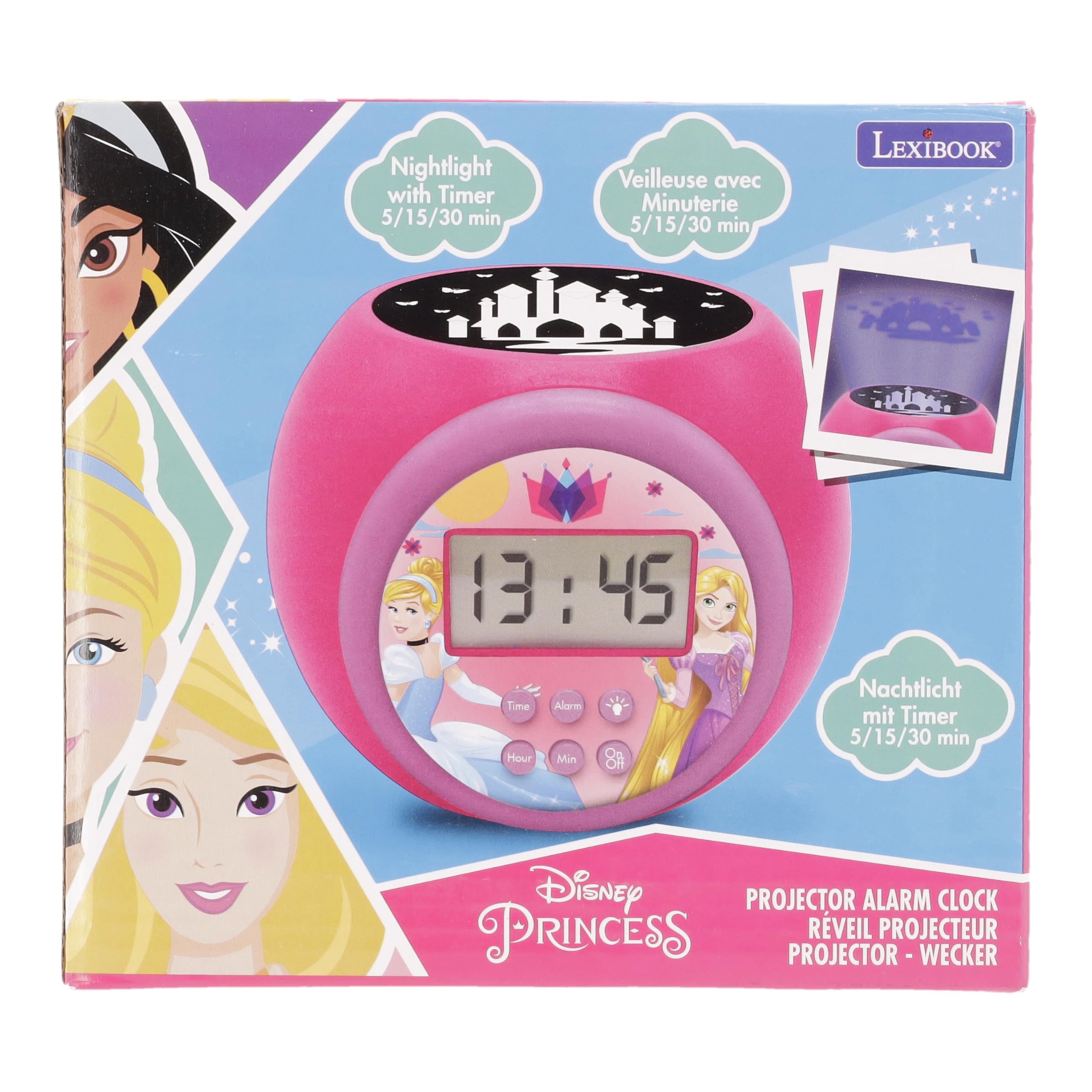 Disney Princess Projector Clock with Snooze Alarm - LCD Screen Night Light with Timer, Battery Operated Pink Clock for Kids | Perfect for Bedrooms, Nurseries, and Kids' Rooms as Night Light & Alarm Clock