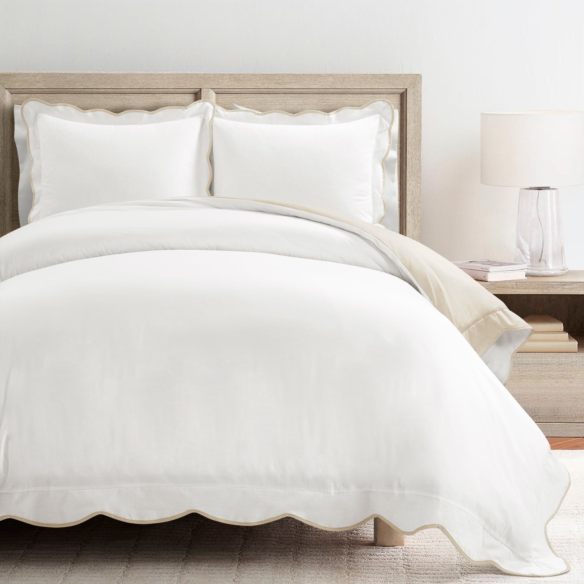 Coastal Chic Scalloped Edge 100% Cotton Reversible Duvet Cover Set - Breathable Soft Bedding for Beach House & Boho Bedroom Decor