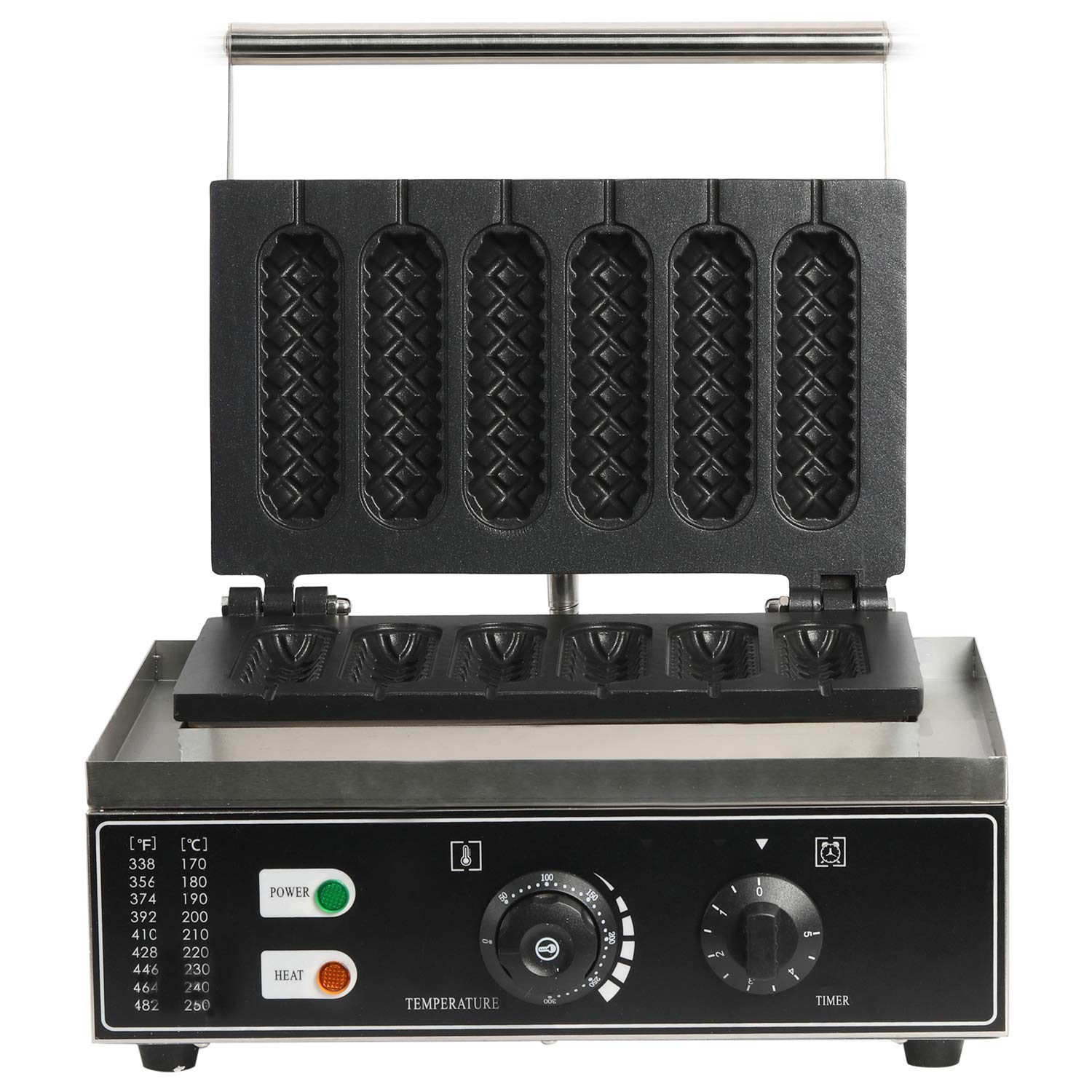 DasMarine Commercial Corn Dog Waffle Maker - 6Pcs Non-Stick Hotdog Waffle Iron with Temperature Control (50-300°C) & Timer - Stainless Steel for Restaurant, Bakery, Snack Bar & Home Use - Perfect for Parties, Breakfast & Quick Snacks (Black)