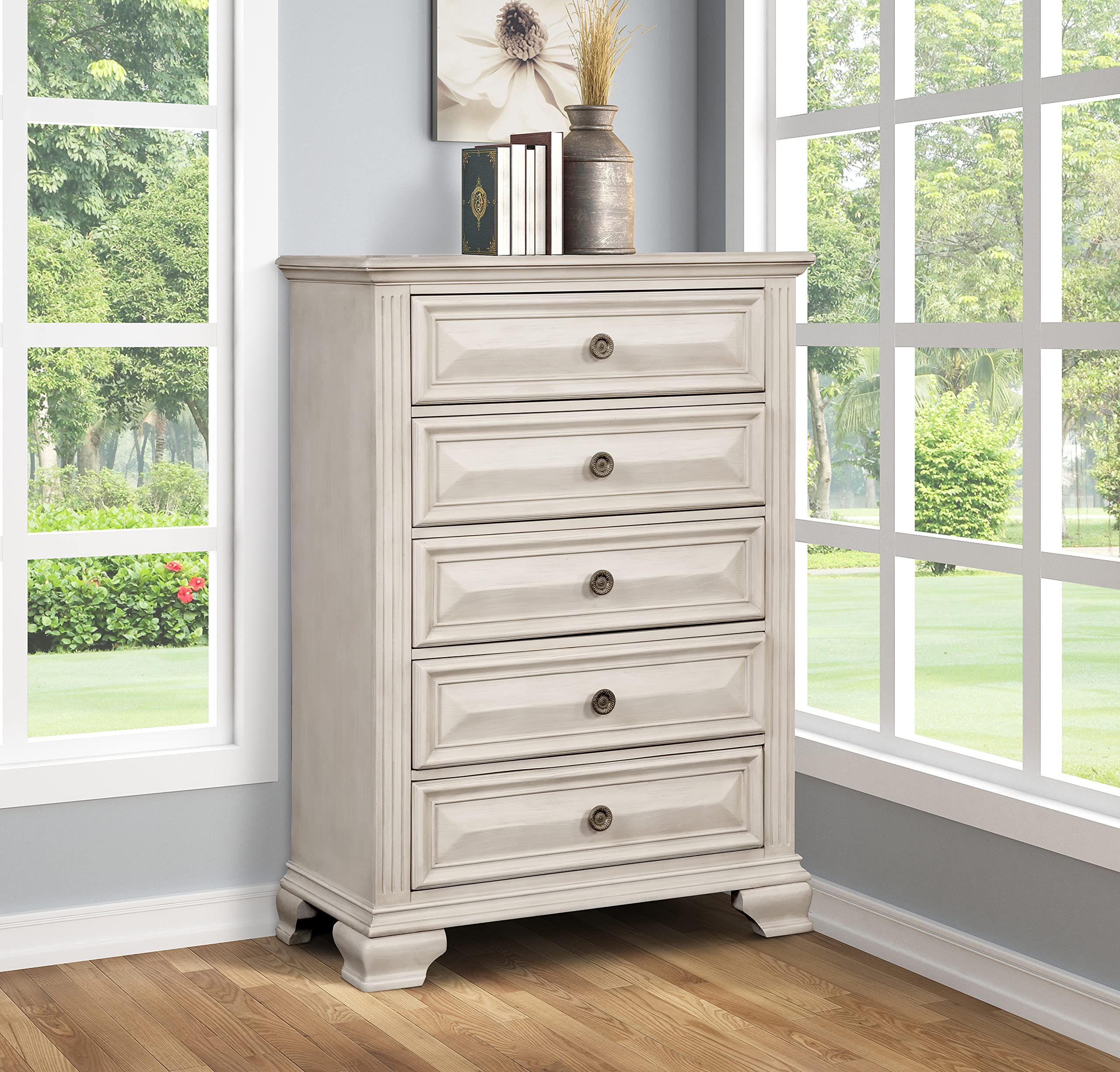 Roundhill Furniture Renova 5-Drawer Chest, Distressed Parchment Finish - Stylish Storage Solution for Bedroom, Living Room or Office Organization