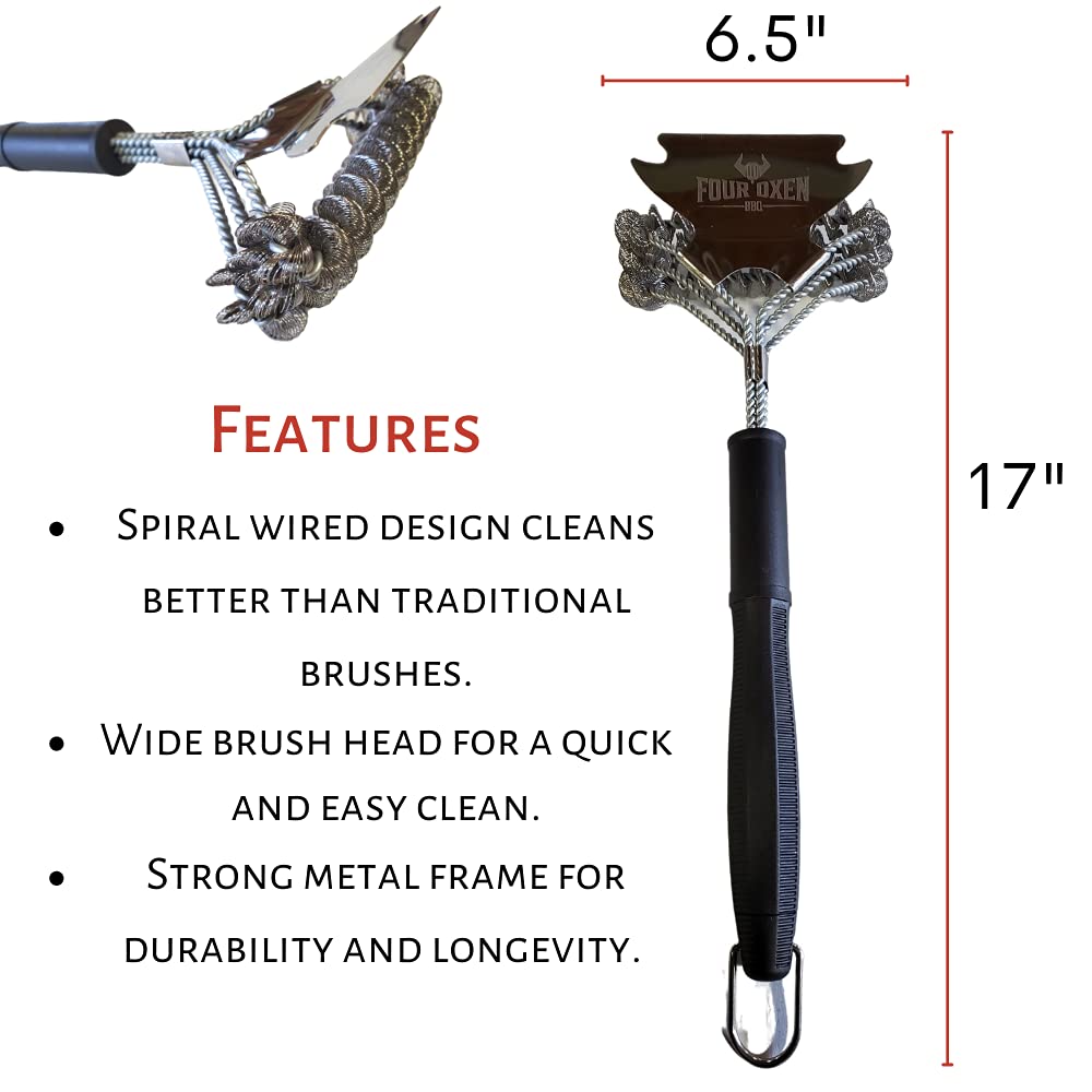 Stainless Steel Grill Brush and Scraper - Bristle-Free BBQ Cleaning Tool for Gas, Charcoal & Electric Grills - 16.5