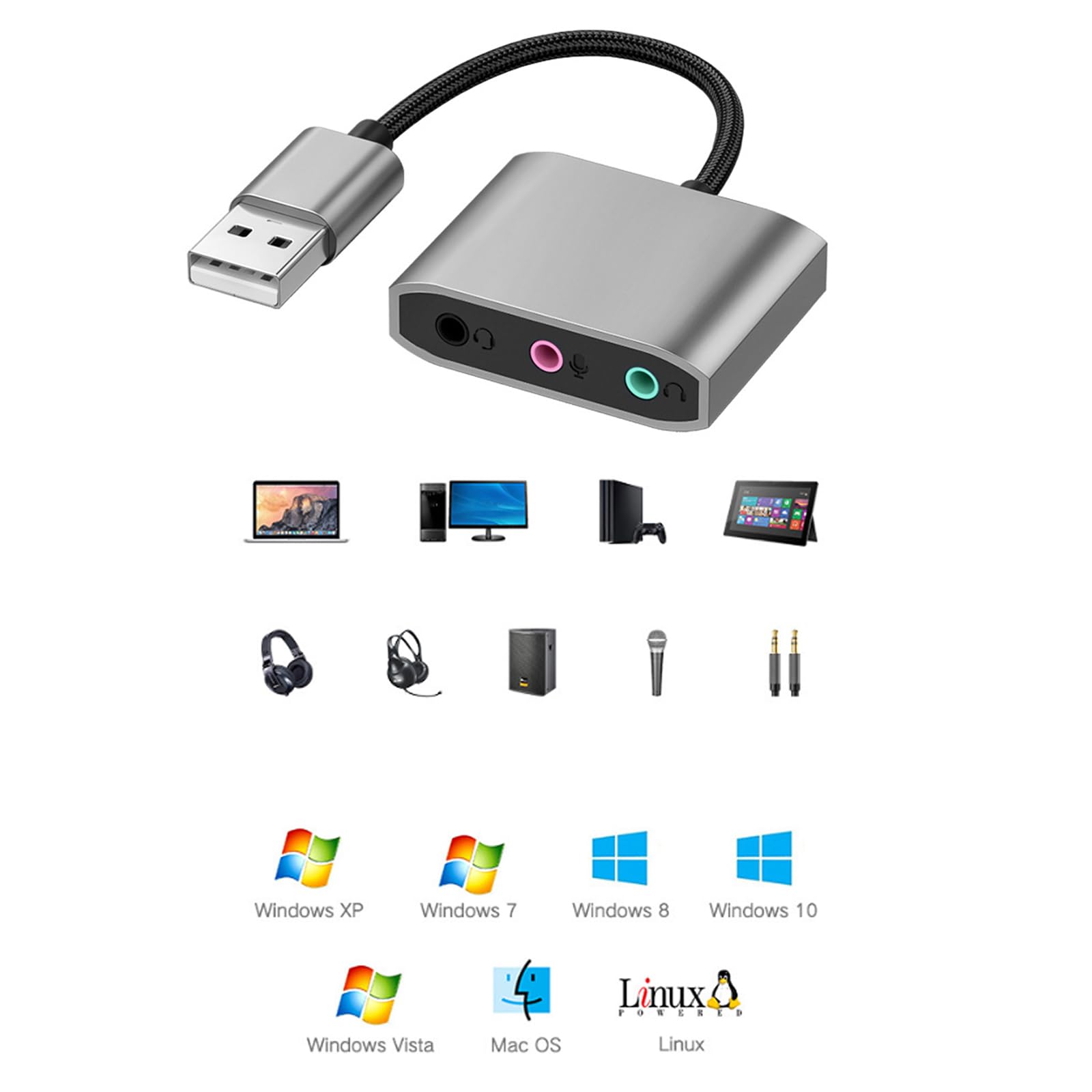 Double USB Audio Adapter - External Stereo Sound Card for Headphones & Microphone | Plug & Play No Driver Needed | Perfect for Gaming Headsets, Online Meetings & PC Audio Setup