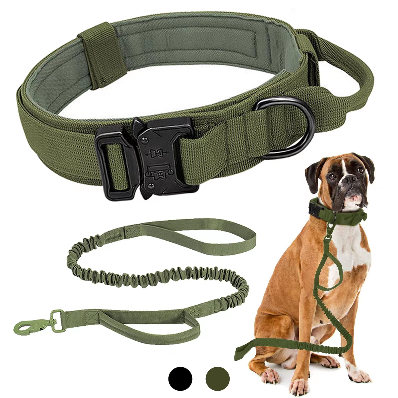 Tactical Dog Collar - Heavy Duty Adjustable Nylon Military Collar with Metal Buckle & Handle for Medium & Large Dogs - Perfect for Training, Hiking & Outdoor Adventures (Green, Medium)
