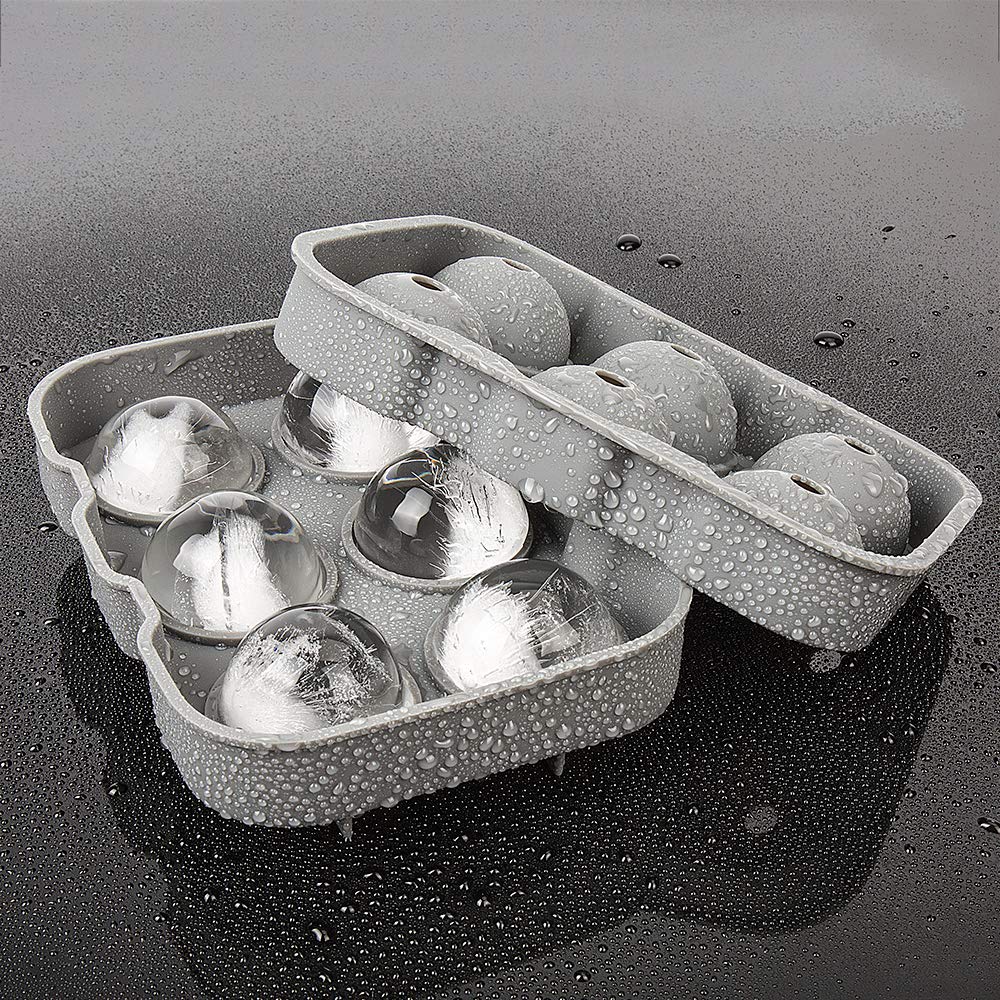 Premium Silicone Ice Cube Trays Set of 2 - Large Square & Sphere Ice Ball Molds with Lids for Whiskey, Cocktails, Brandy - Perfect for Home Bars, Parties & Gifts (Grey)