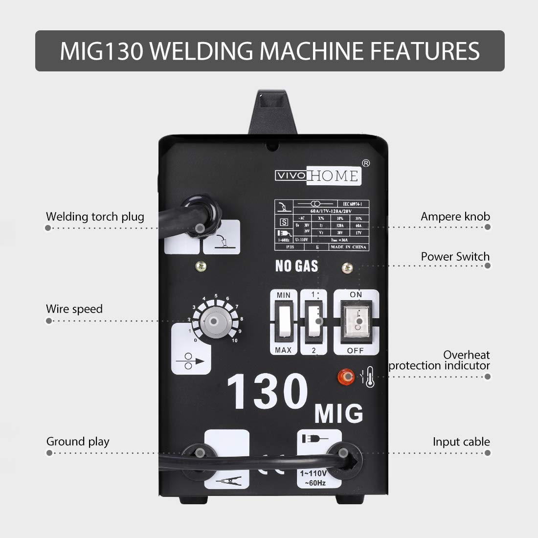 VIVOHOME 130 Amp MIG Welder with Flux Core Wire, Automatic Feed, No Gas Required, 110V Portable Welding Machine - Perfect for DIY, Home Repairs, Metal Fabrication & Automotive Projects (Includes Free Welding Mask) - Black