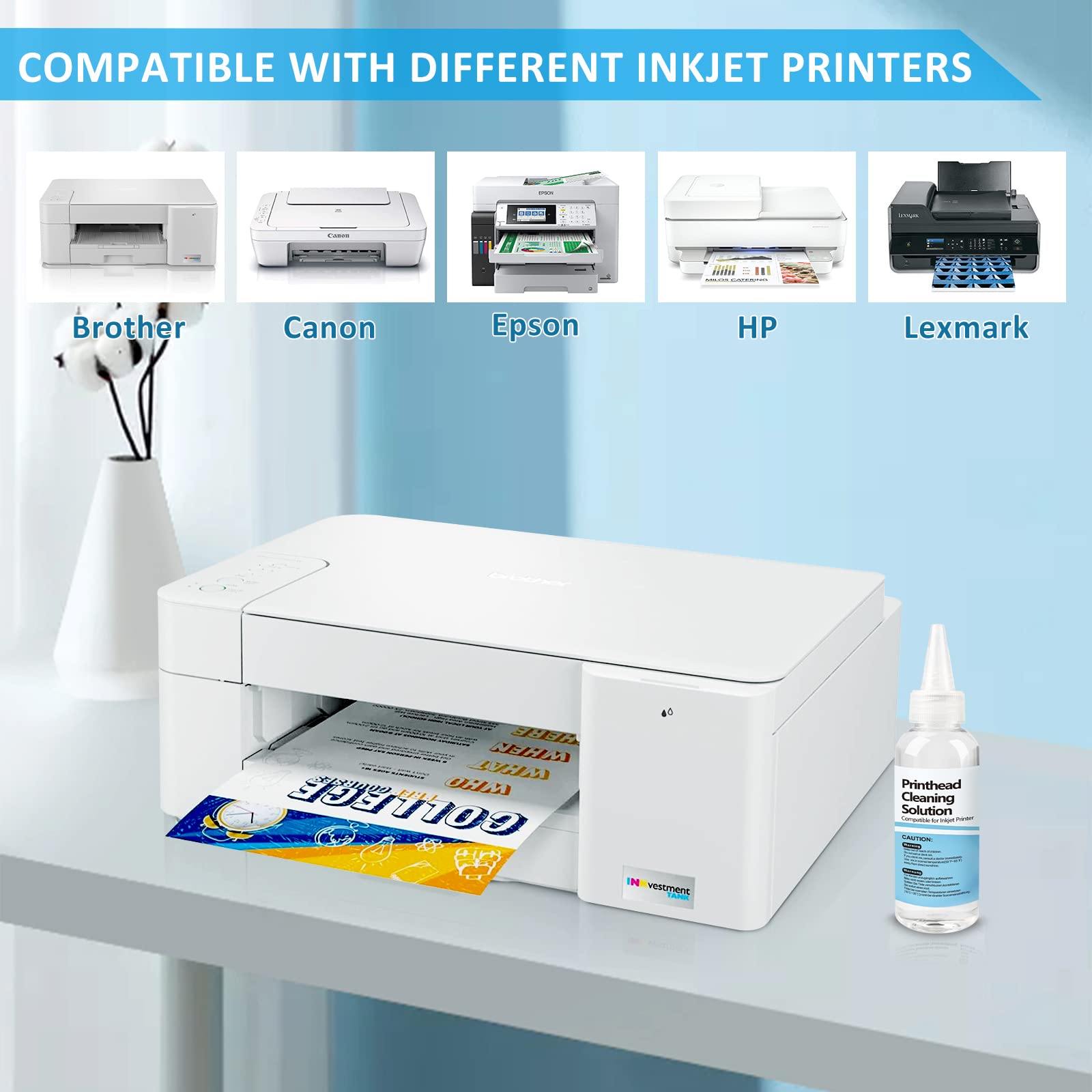 Wawocs Printer Cleaning Kit - 100ML Ink Head Cleaning Solution & Nozzle Cleaner for Epson HP Canon Inkjet Printers | Unclog Nozzles, Improve Print Quality | Home & Office Use