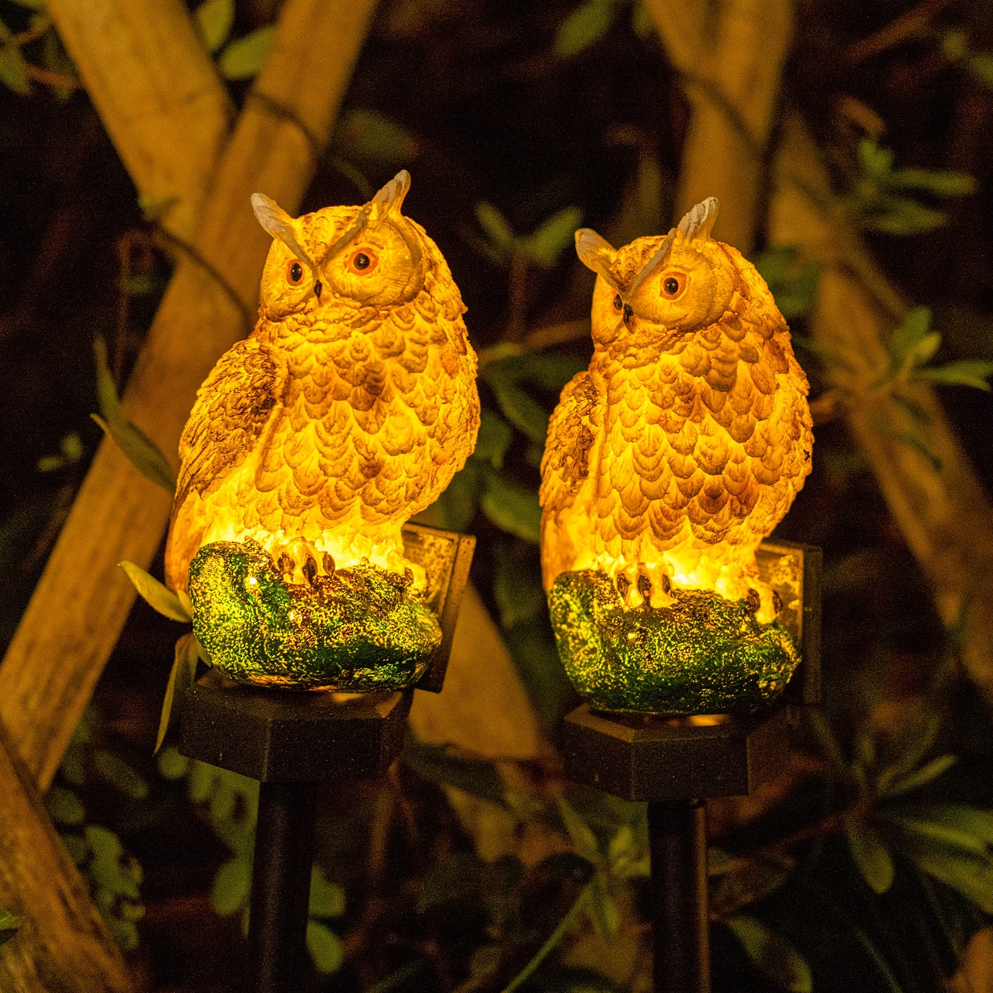 Solar Owl LED Lights for Outdoor Garden - Waterproof Resin Decoration with Stake for Yard, Pathway, Patio & Lawn - Bird Deterrent Decor (2 Pack, Brown) - Perfect for Nighttime Illumination & Pest Control