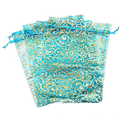 100PCS 4x6 Inch Sky Blue Floral Organza Gift Bags for Wedding Favors, Christmas Gifts, Jewelry Packaging - Small Drawstring Pouches for Party Decorations, Bridal Shower Favors & Holiday Gift Wrapping