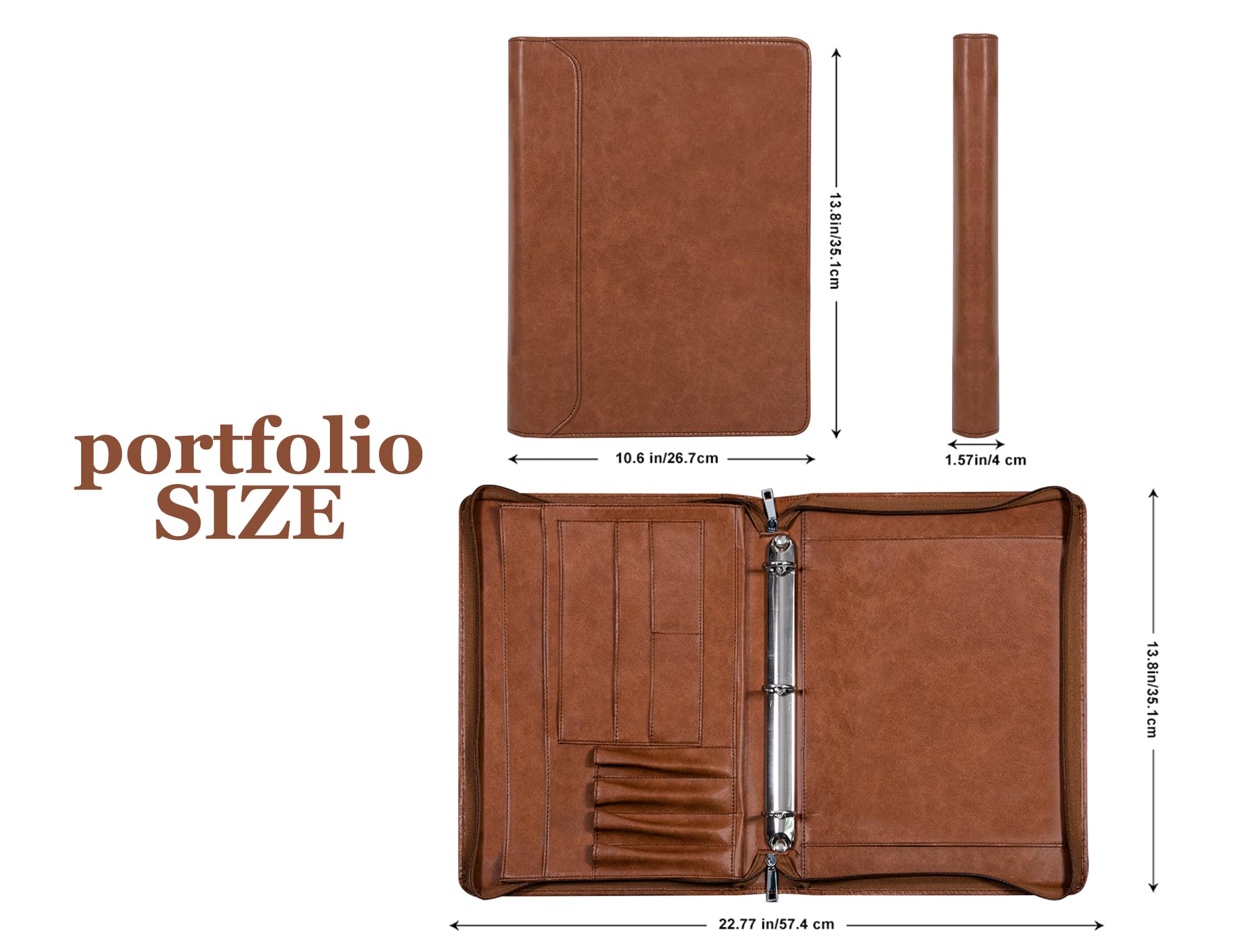 AZXCG Vegan Leather Padfolio for Women & Men - 3 Ring Binder Business Portfolio with Zipper & A4 Clipboard - Professional Document Organizer Notebook for Office, Meetings & Gifts (Brown)