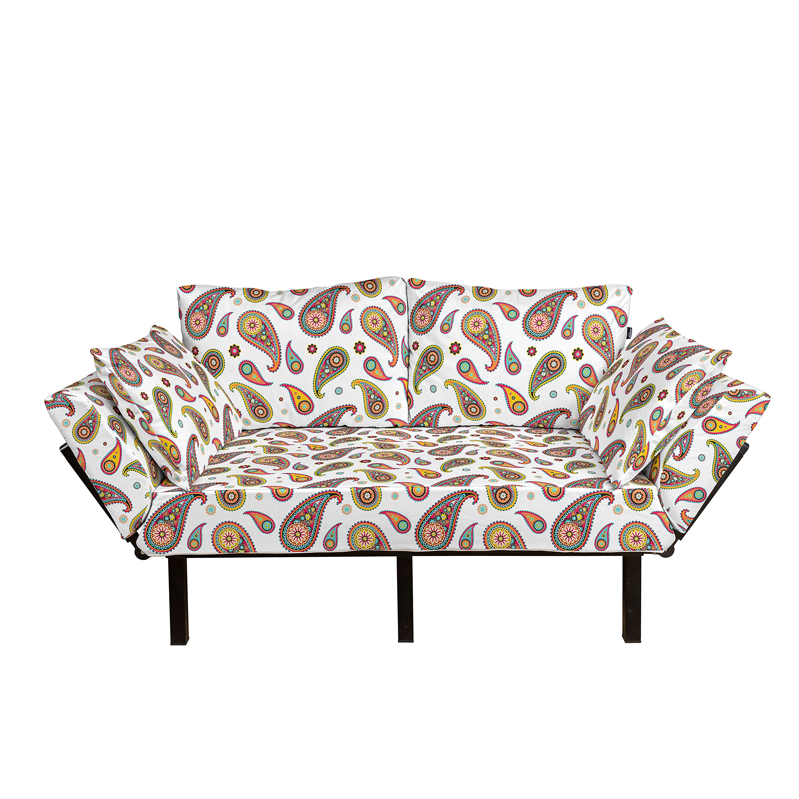 Ambesonne Paisley Futon Couch - Vintage Persian Paisley Pattern Sofa with Metal Frame, Upholstered Daybed for Living Room, Dorm, Loveseat | Coral & White Bohemian Style | Perfect for Small Spaces, Guest Rooms & Cozy Reading Nooks