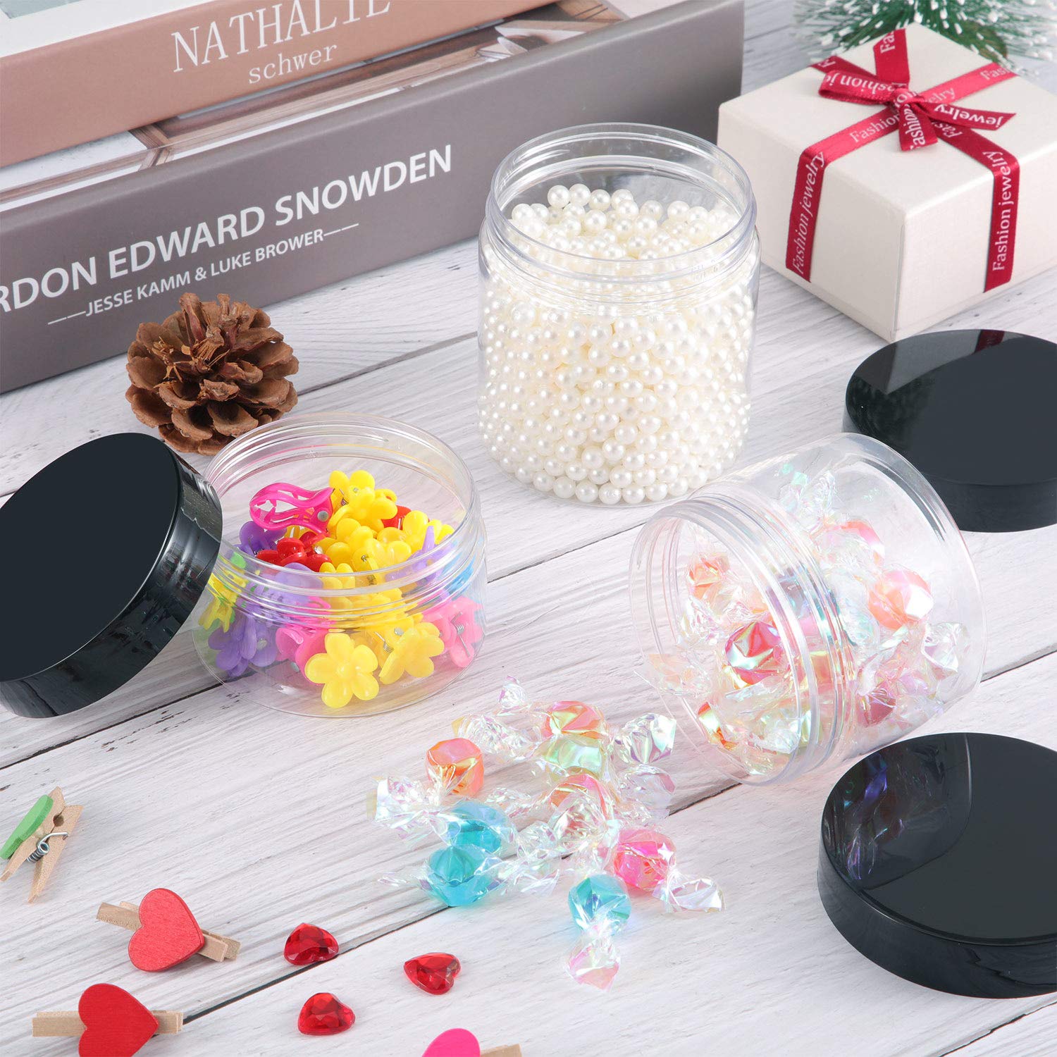 SATINIOR 24-Piece Clear Plastic Jars with Black Lids - 4 oz Round Wide-Mouth Storage Containers for Cosmetics, Creams, Lotions, DIY Crafts & Food Storage | Perfect for Home Organization, Travel & Beauty Products