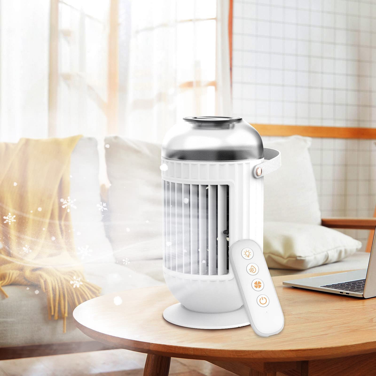 Kimanli Portable USB Mini Air Conditioner Fan - 3 Speed Personal Evaporative Cooler with LED Light & Remote Control for Home, Office, and Outdoor Use