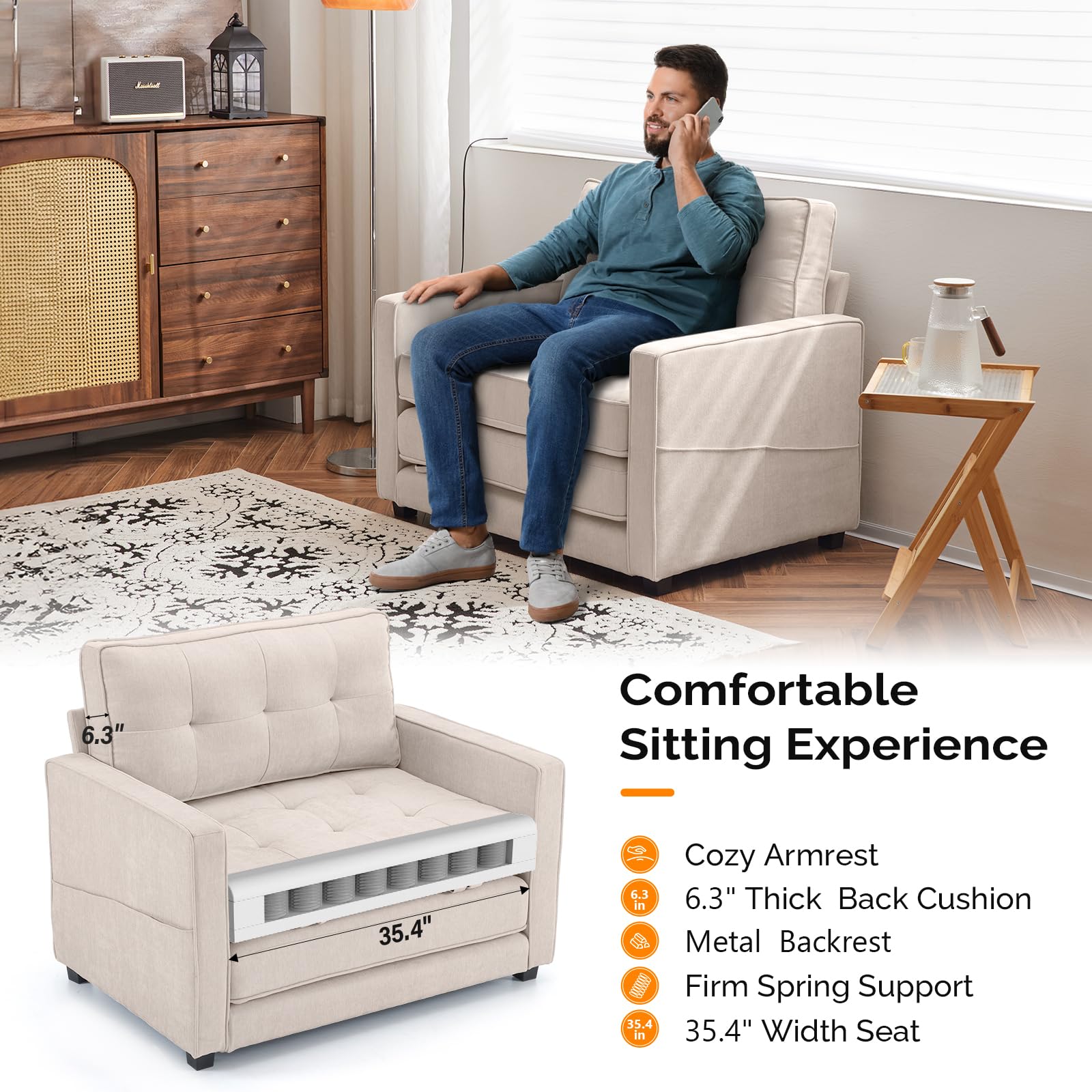 VINGLI Convertible Sleeper Chair Bed - Foldable Sofa Bed for Living Room, Office & Guest Room - Single Futon Couch in Beige - 43