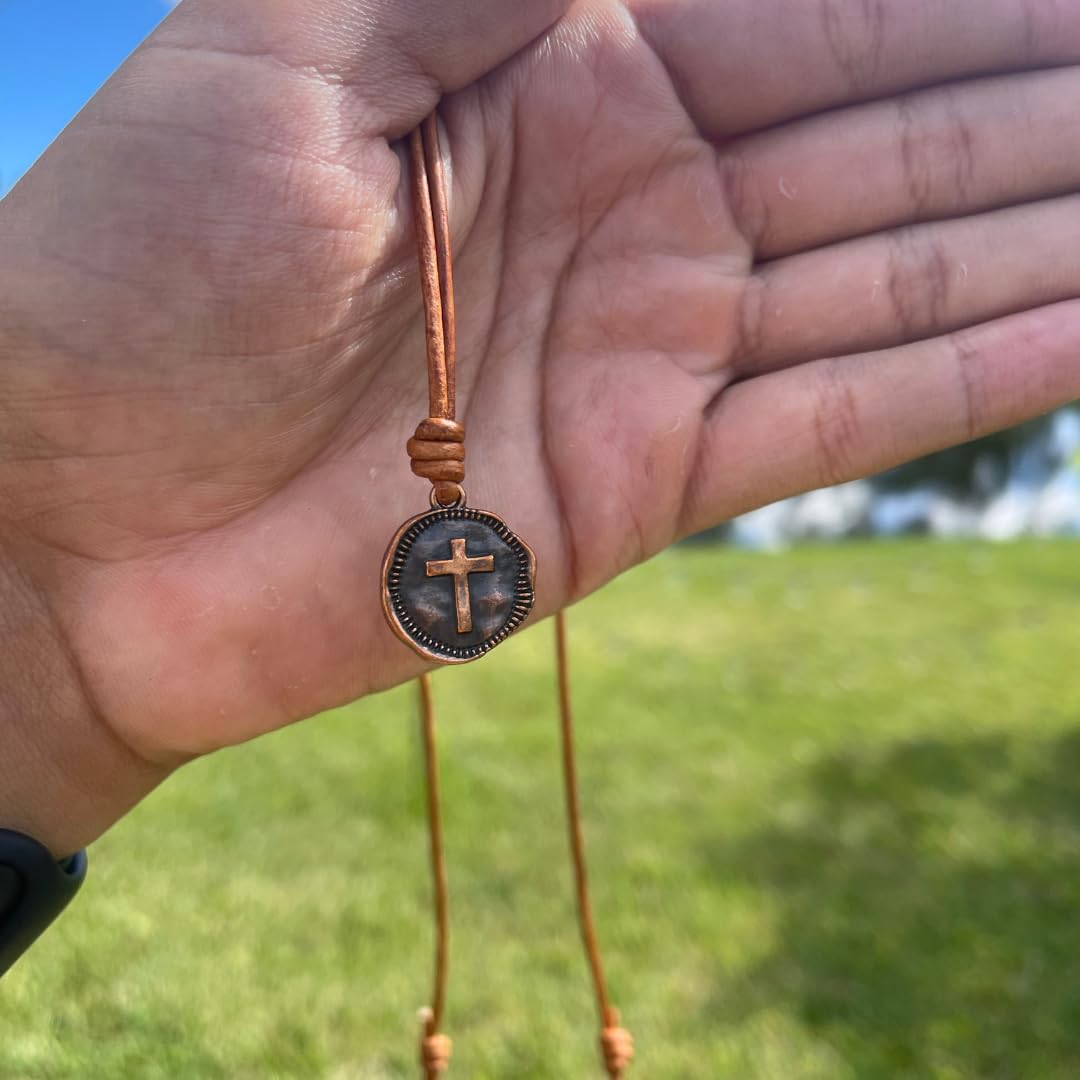 Men's Cross Necklace - Religious Coin Pendant, Christian Medallion for Catholic & Christian Gifts (Copper, Distressed Leather) - Perfect for Christmas, Baptism, Anniversary & Daily Faith Jewelry