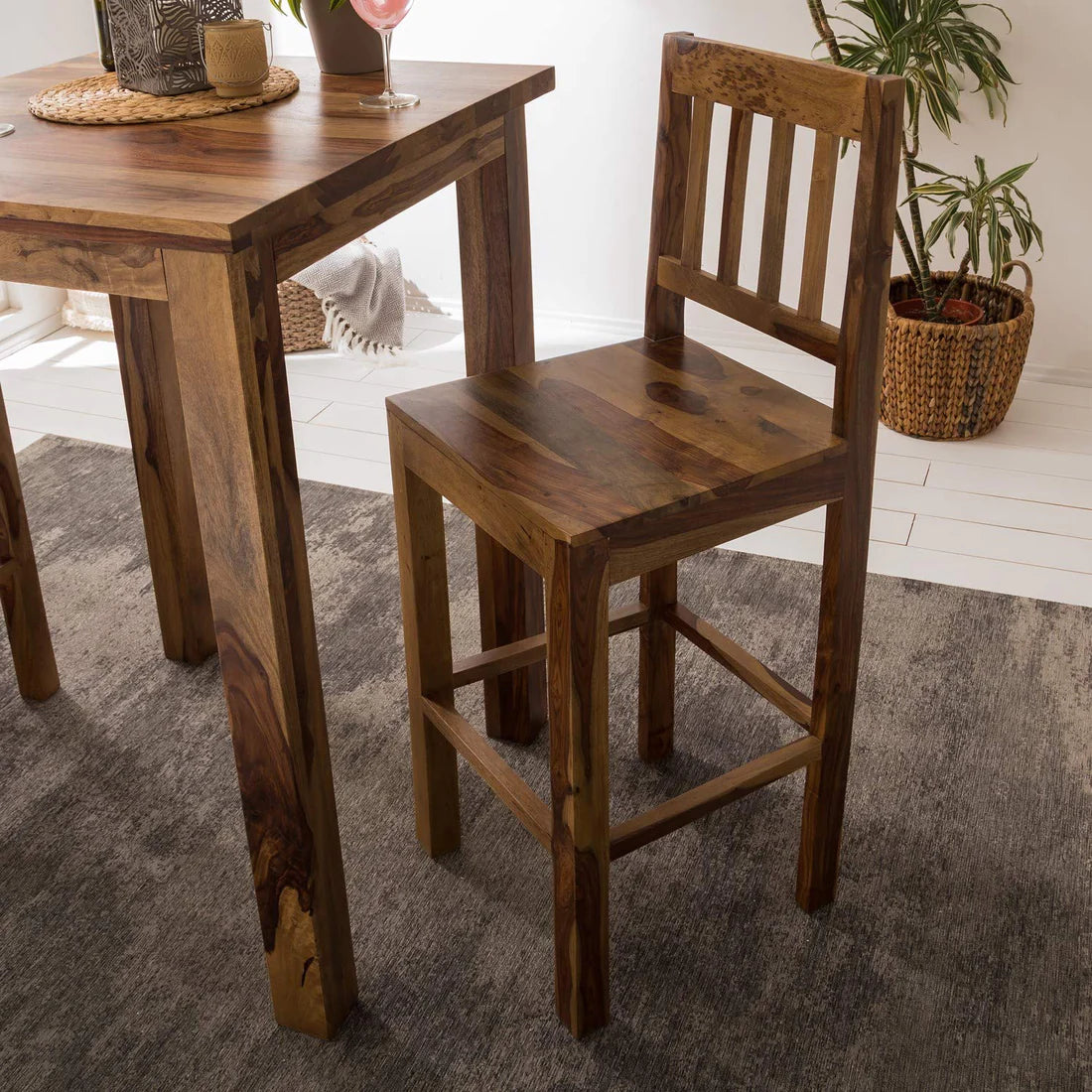 Gfine Solid Sheesham Wood Bar Table Set with 2 Chairs - 81x81x101cm - Modern Pub Height Counter Table for Kitchen, Dining Room & Outdoor Patio