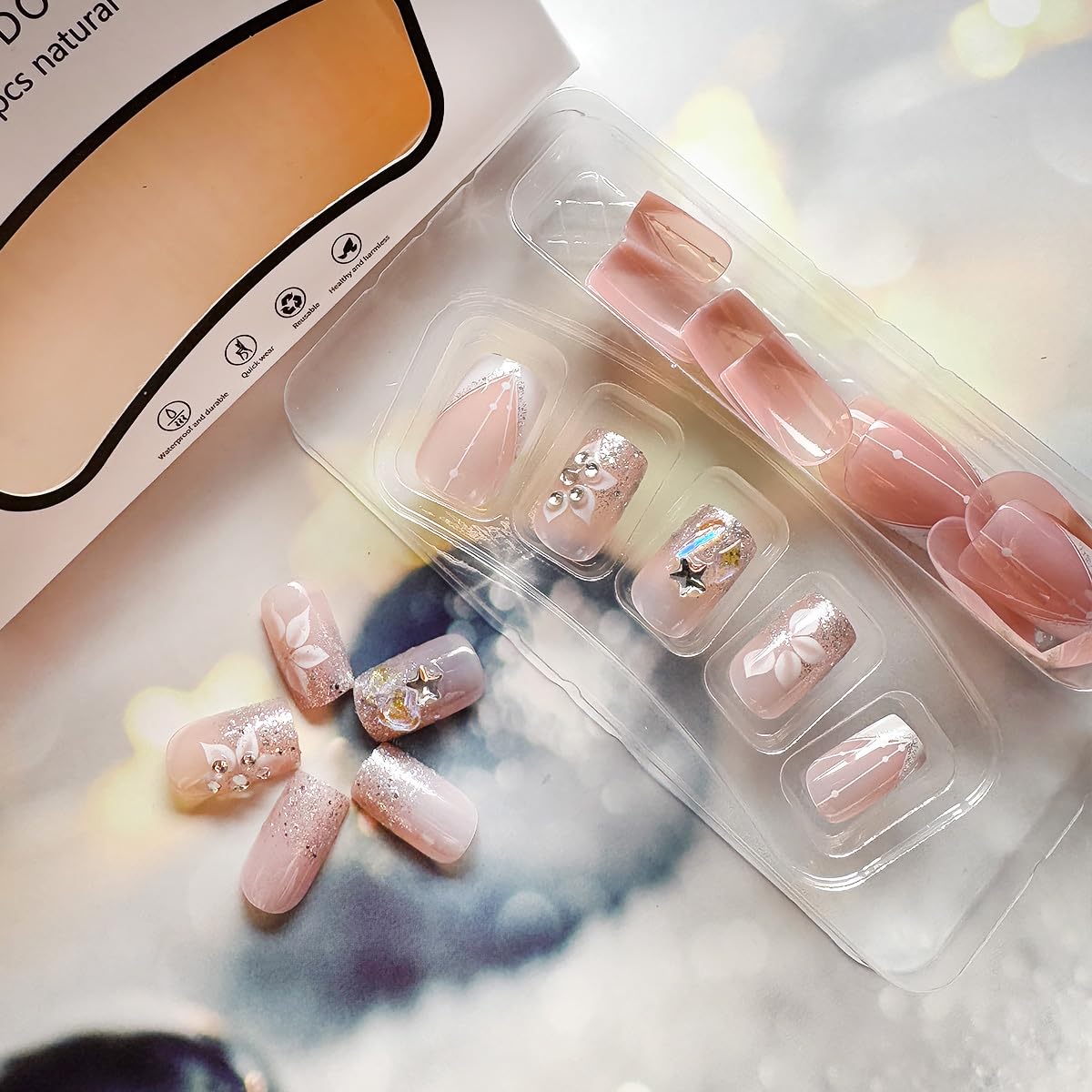 24pcs Short Square Press on Nails - French Tip Fake Nails with White Flower & Star Glitter Design | Luxury Nail Charms for Women | Perfect for Parties, Weddings & Daily Manicure